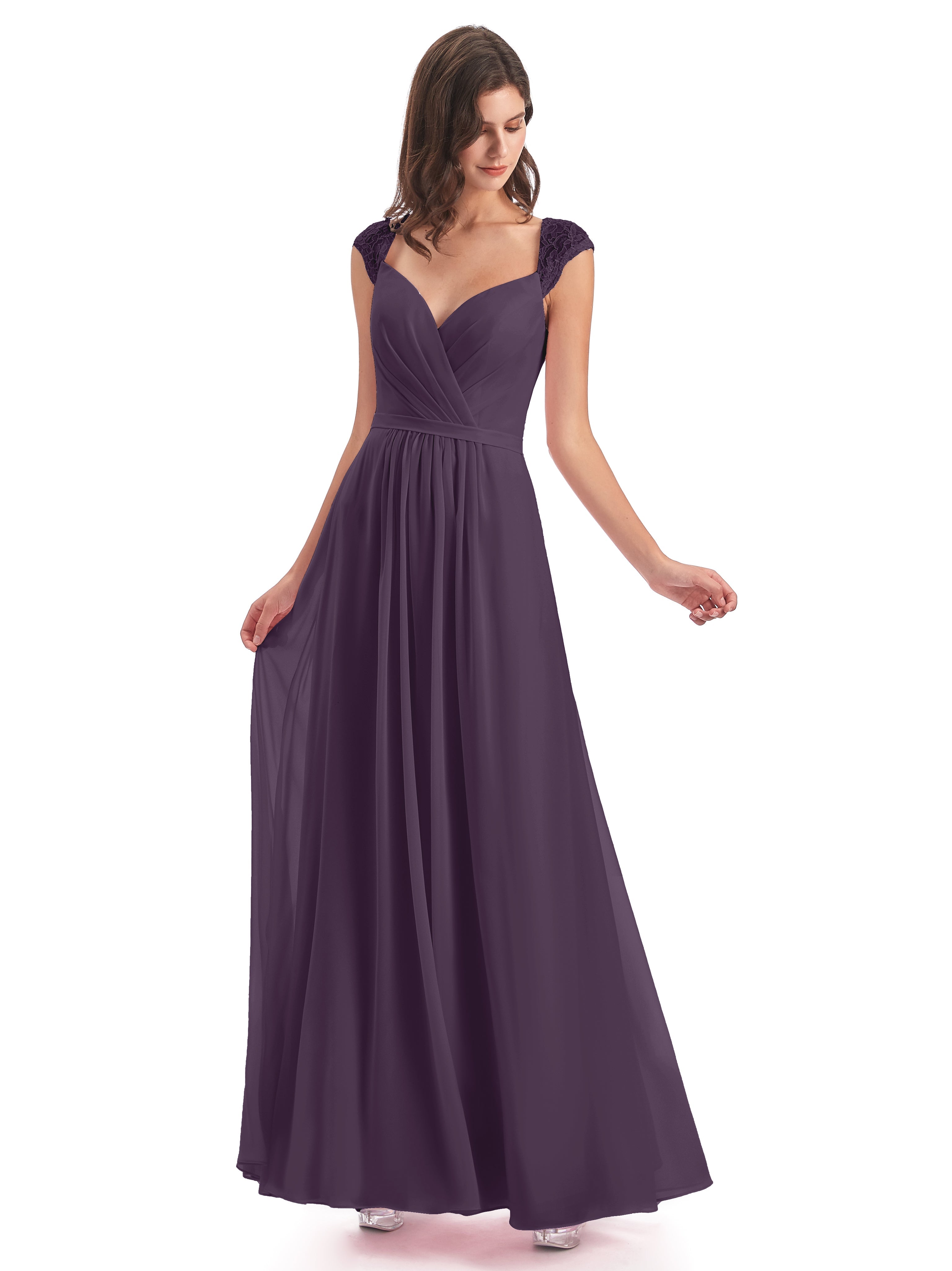 Robe De Demoiselle D'Honneur En Plum Mancherons Dos Ouvert Mousseline Robes Demoiselle D'Honneur