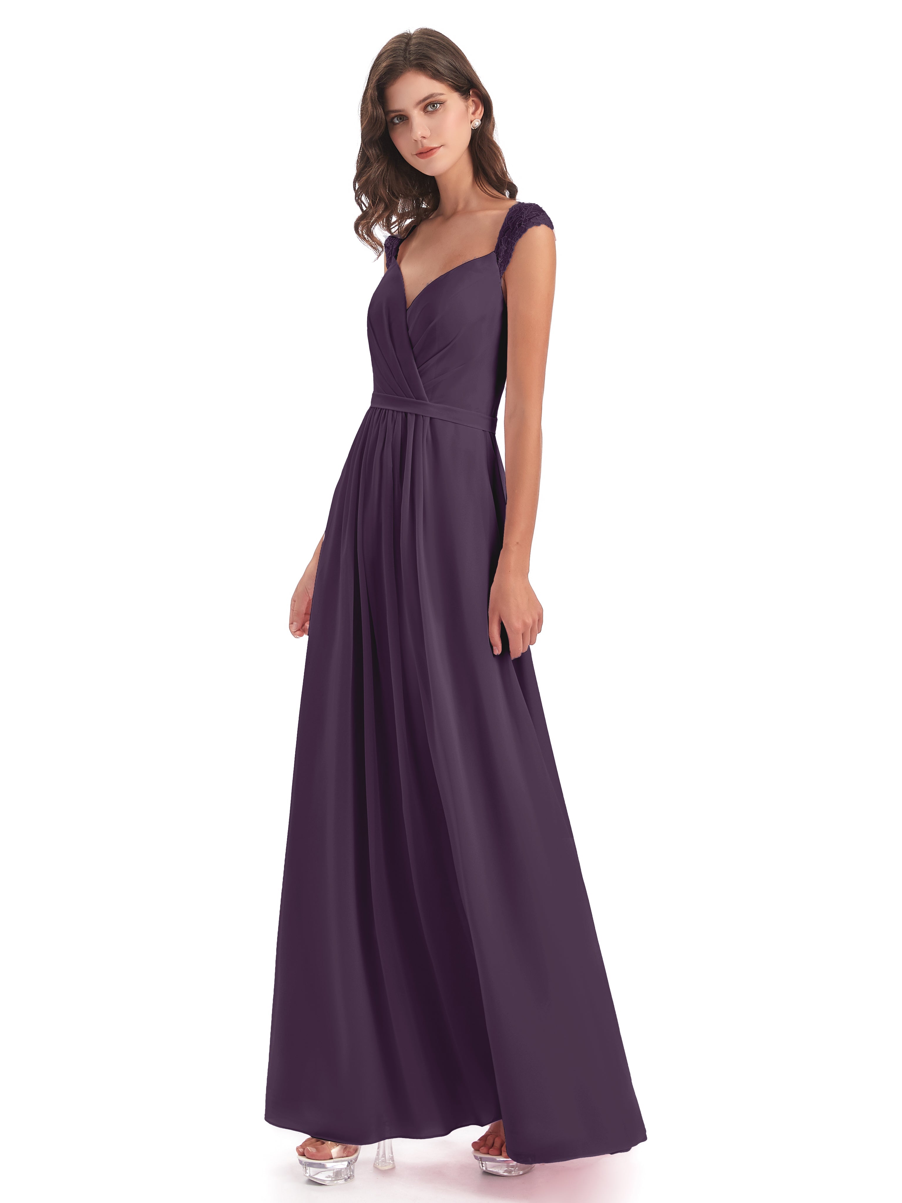 Robe De Demoiselle D'Honneur En Plum Mancherons Dos Ouvert Mousseline Robes Demoiselle D'Honneur