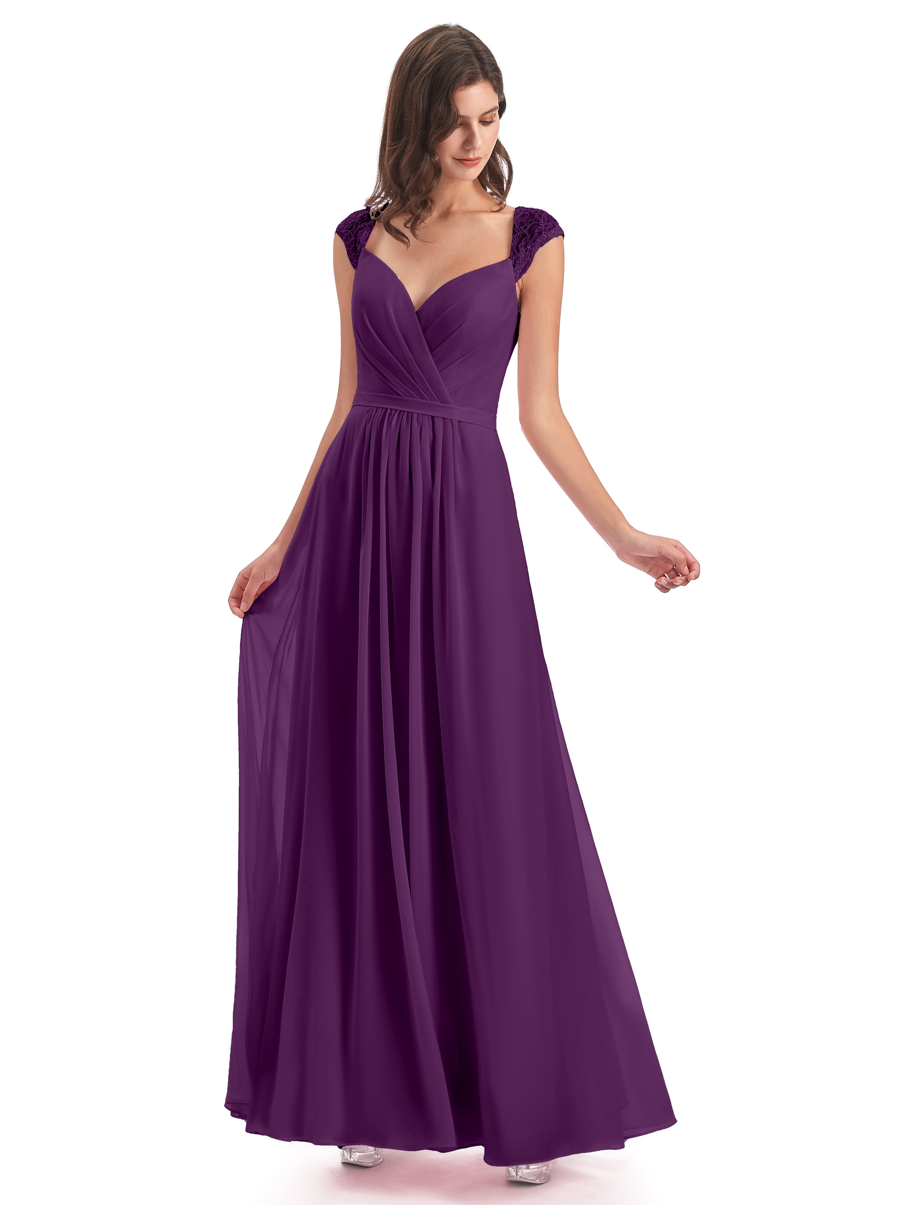 Robes De Demoiselle D'Honneur En Raisin Mancherons Dos Ouvert Mousseline Robes Demoiselle D'Honneur