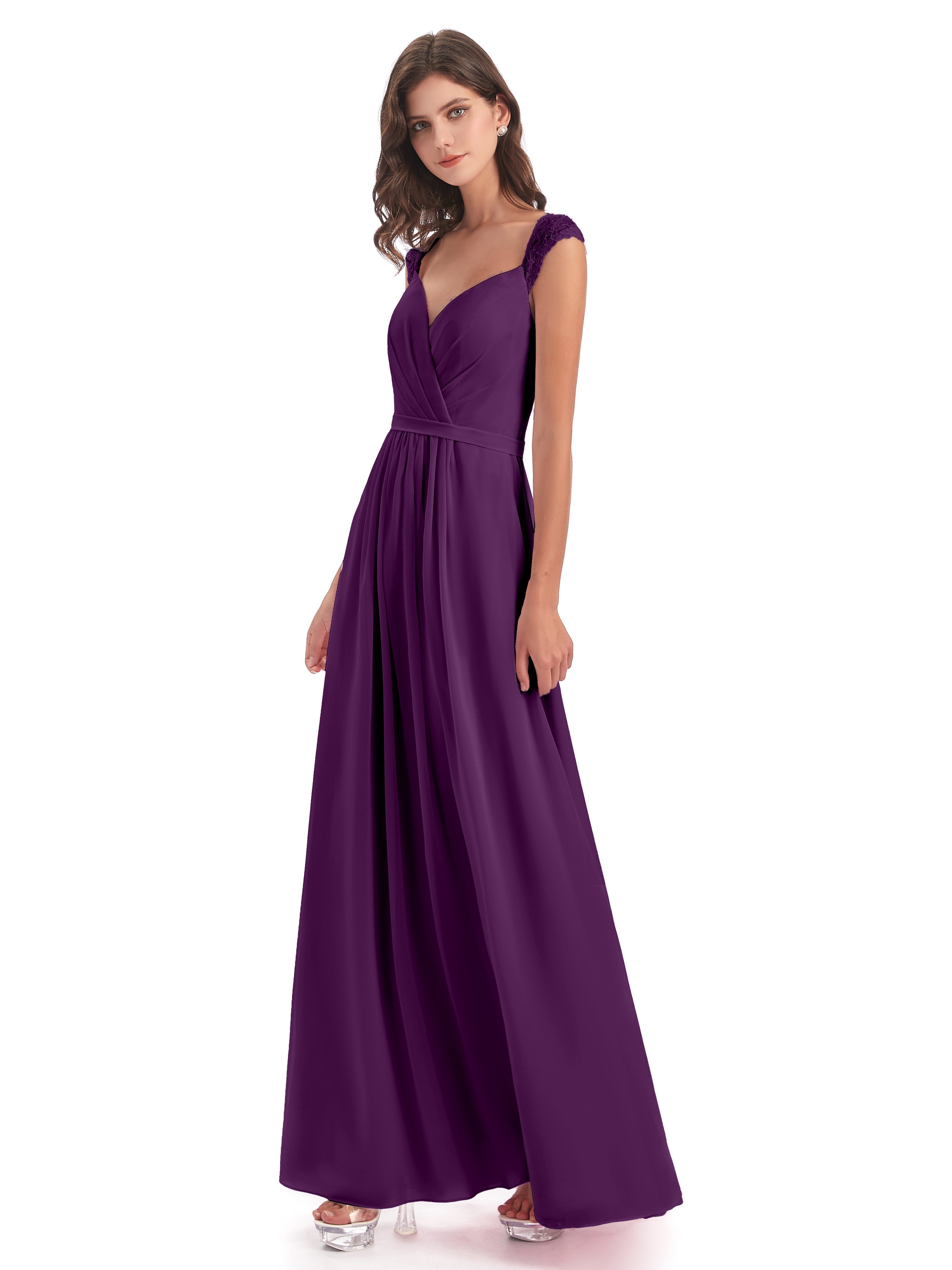 Robes De Demoiselle D'Honneur En Raisin Mancherons Dos Ouvert Mousseline Robes Demoiselle D'Honneur