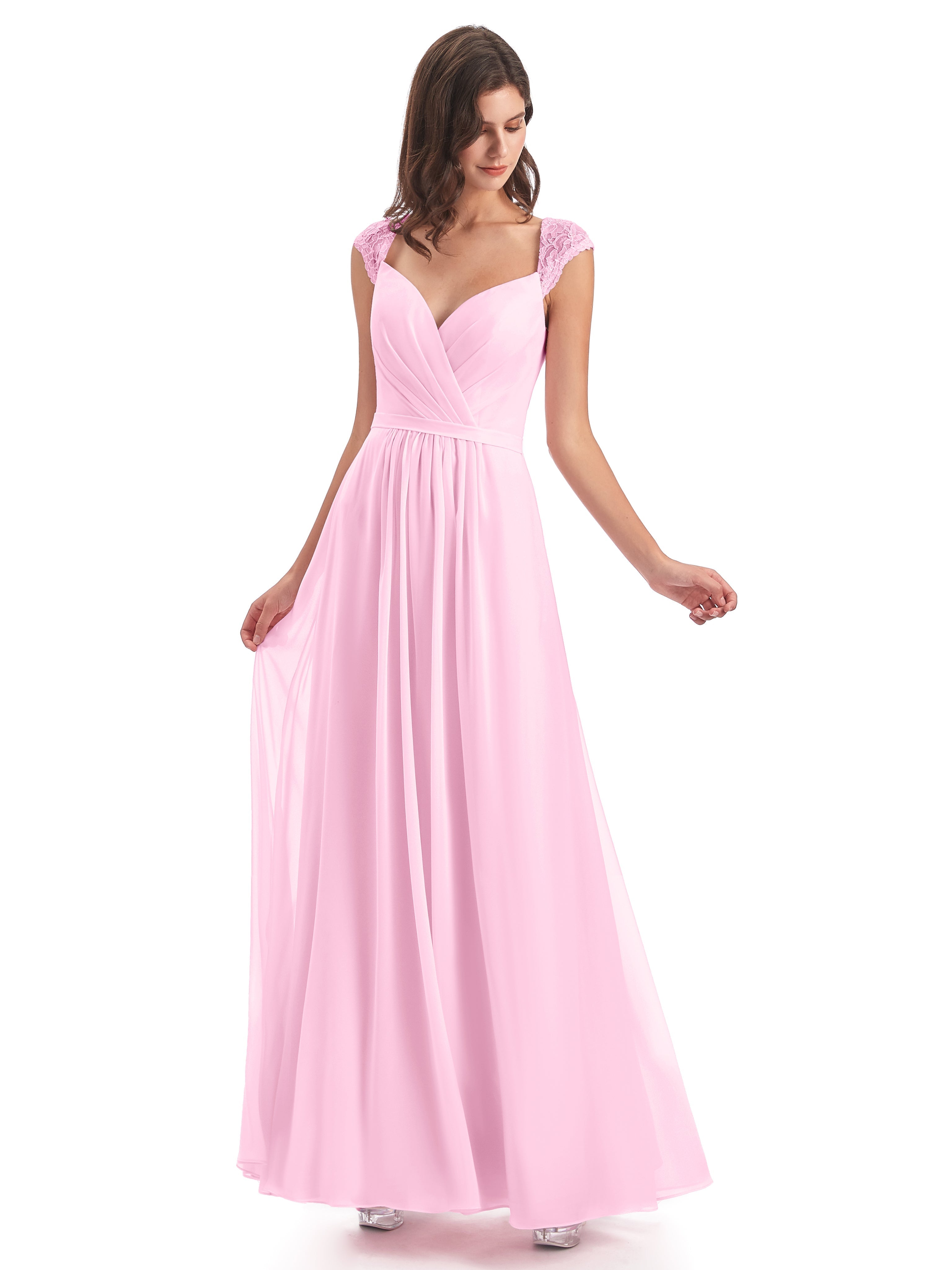 Robes De Demoiselle D'Honneur Rose Bonbon Mancherons Dos Ouvert Mousseline Robes Demoiselle D'Honneur