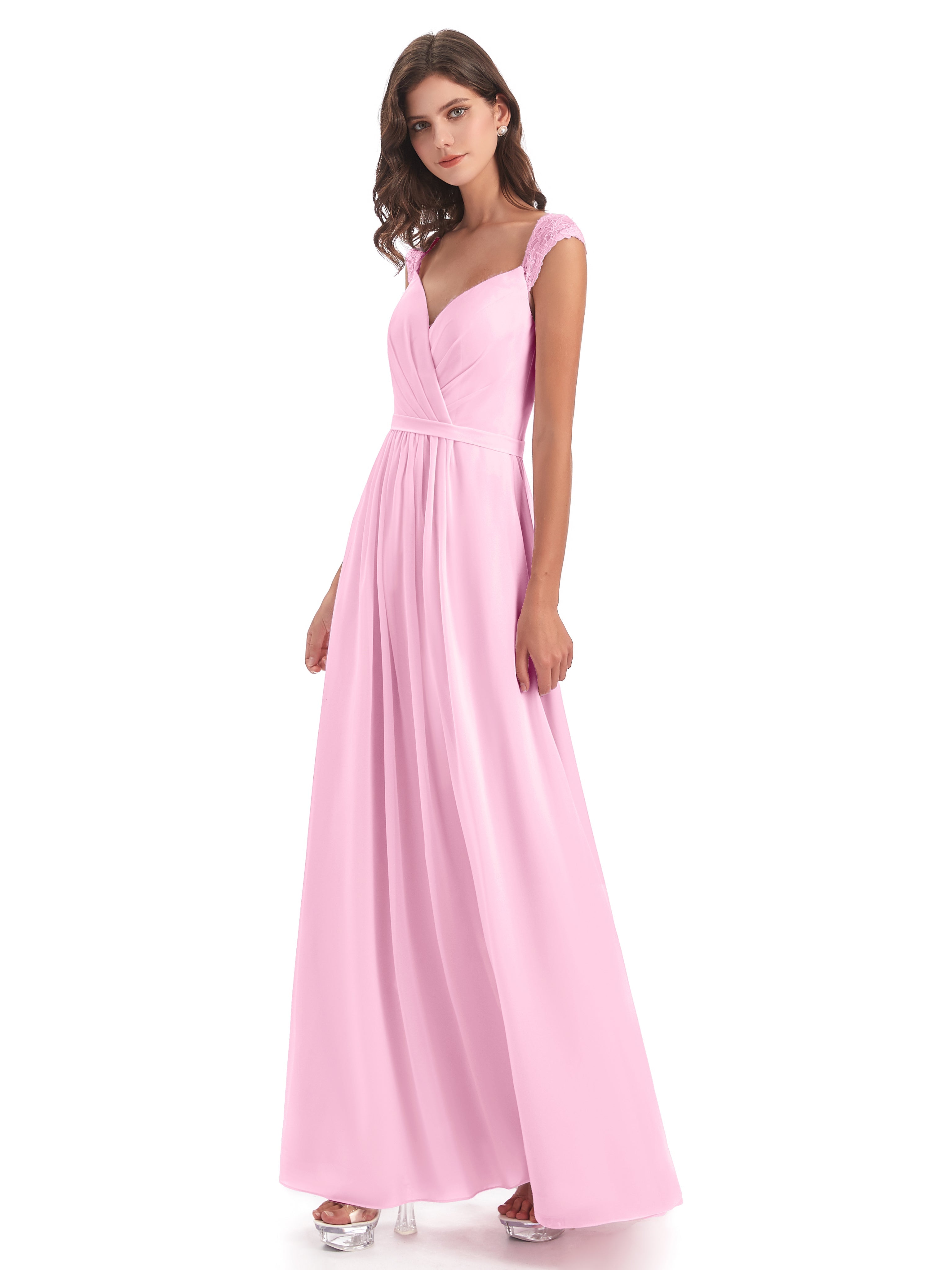 Robes De Demoiselle D'Honneur Rose Bonbon Mancherons Dos Ouvert Mousseline Robes Demoiselle D'Honneur
