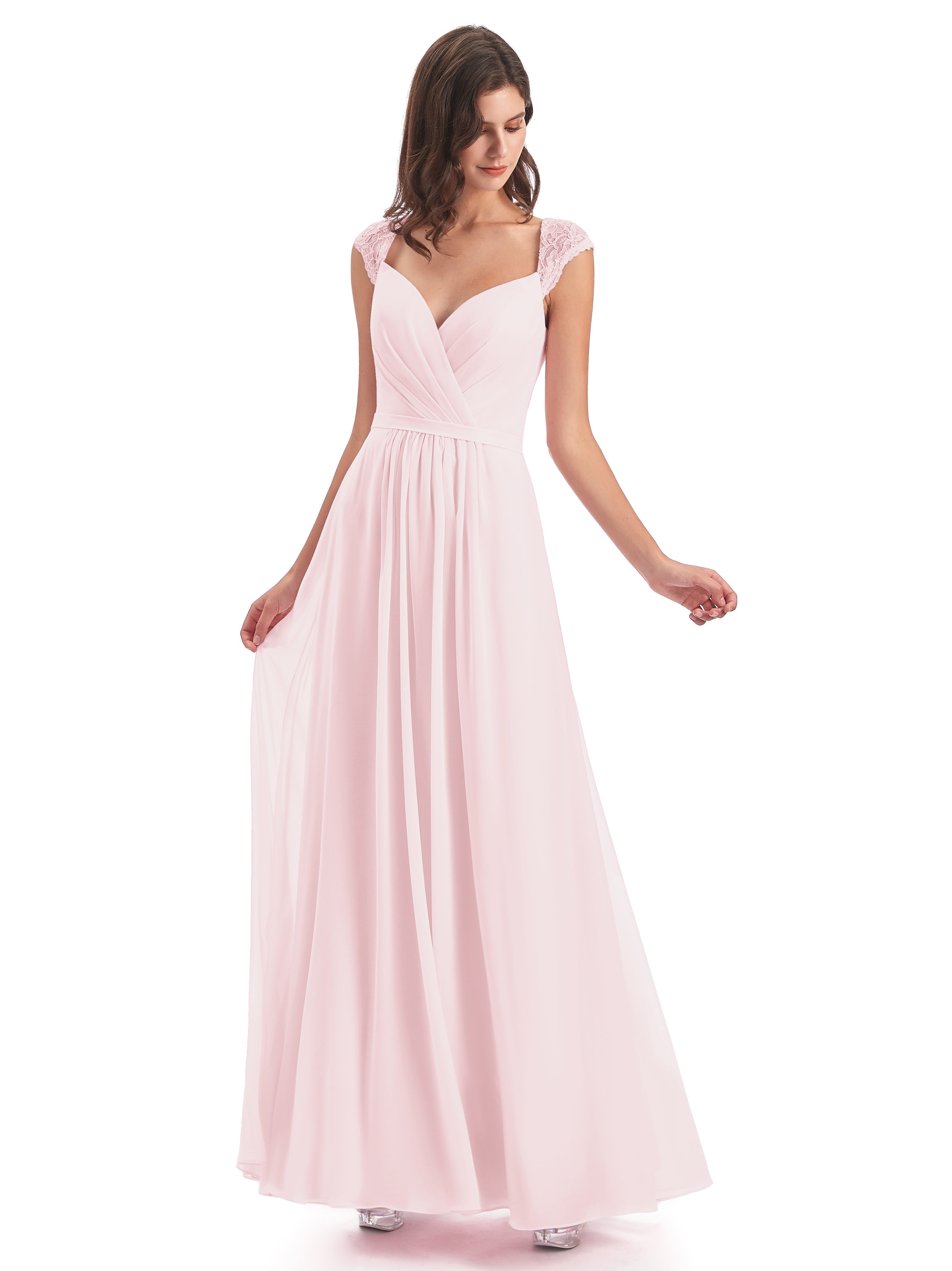Robes De Demoiselle D'Honneur Rose Pale Mancherons Dos Ouvert Mousseline Robes Demoiselle D'Honneur