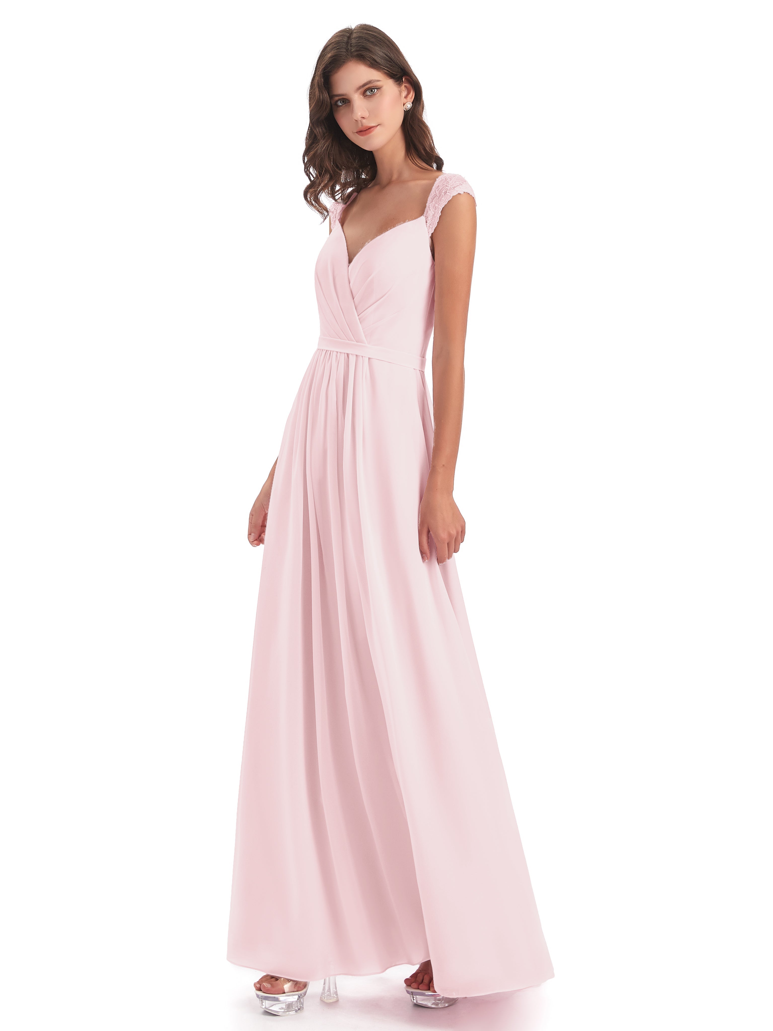 Robes De Demoiselle D'Honneur Rose Pale Mancherons Dos Ouvert Mousseline Robes Demoiselle D'Honneur