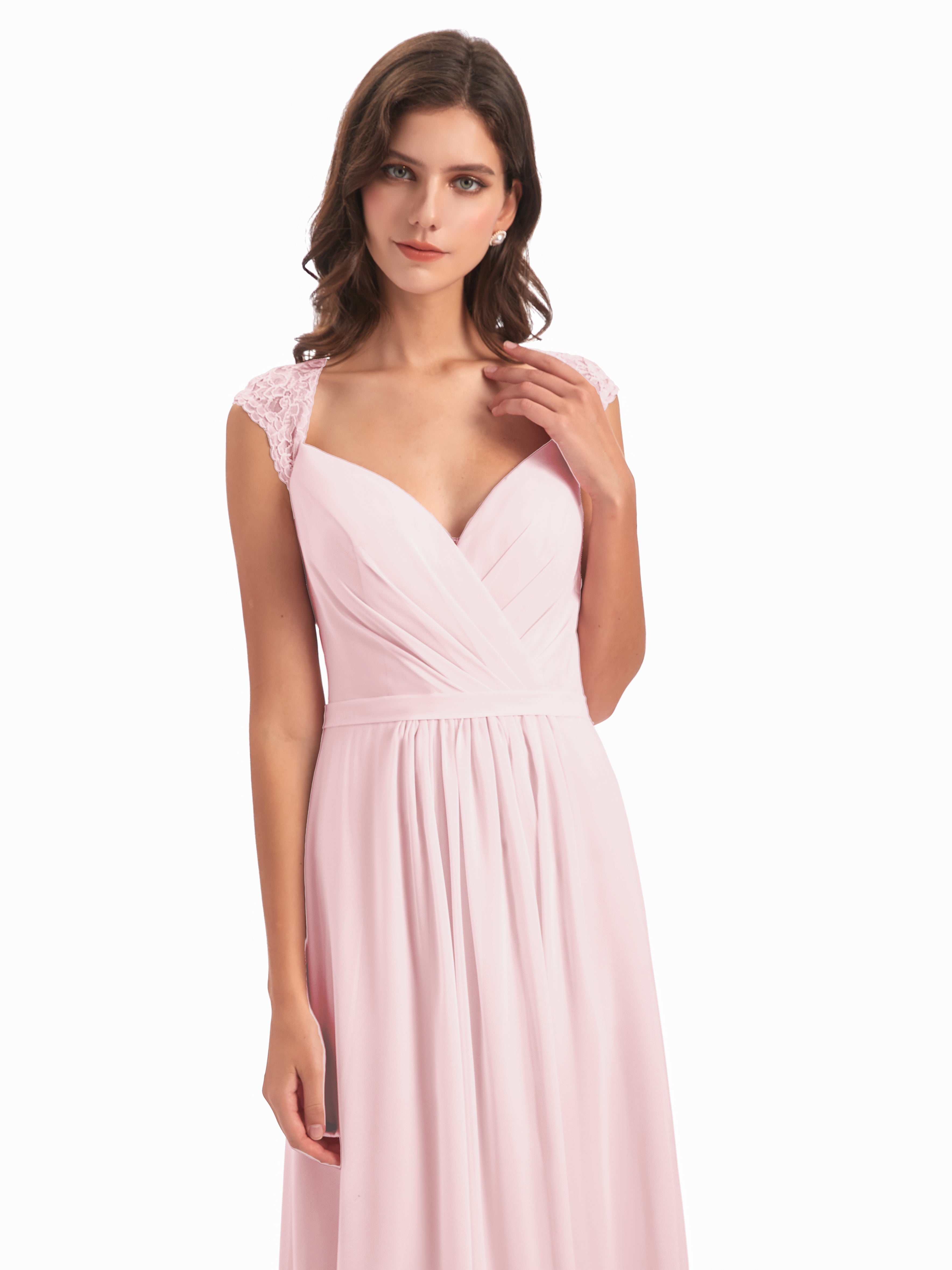 Robes De Demoiselle D'Honneur Rose Pale Mancherons Dos Ouvert Mousseline Robes Demoiselle D'Honneur
