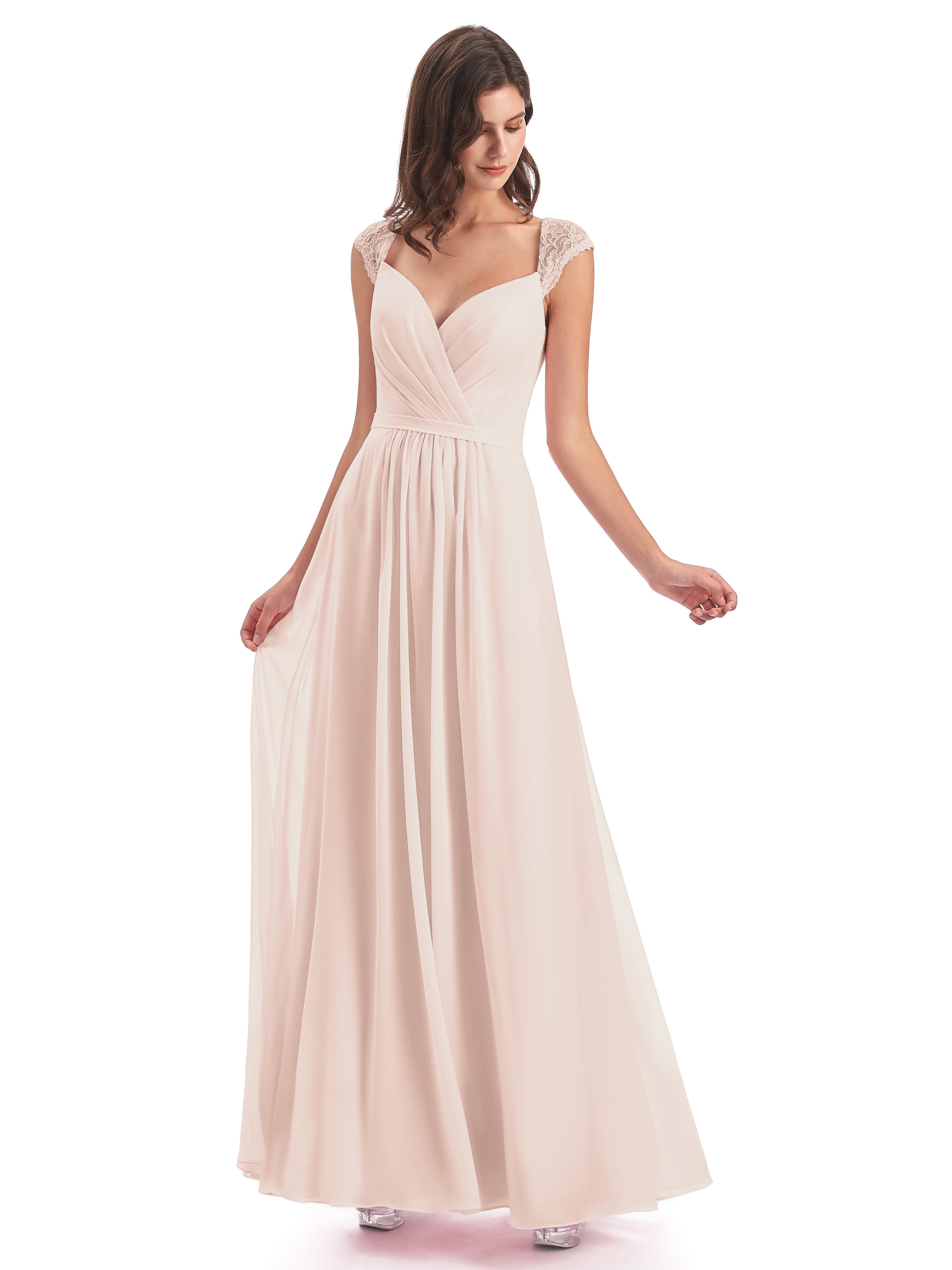 Robe De Demoiselle D'Honneur En Perles Mancherons Dos Ouvert Mousseline Robes Demoiselle D'Honneur