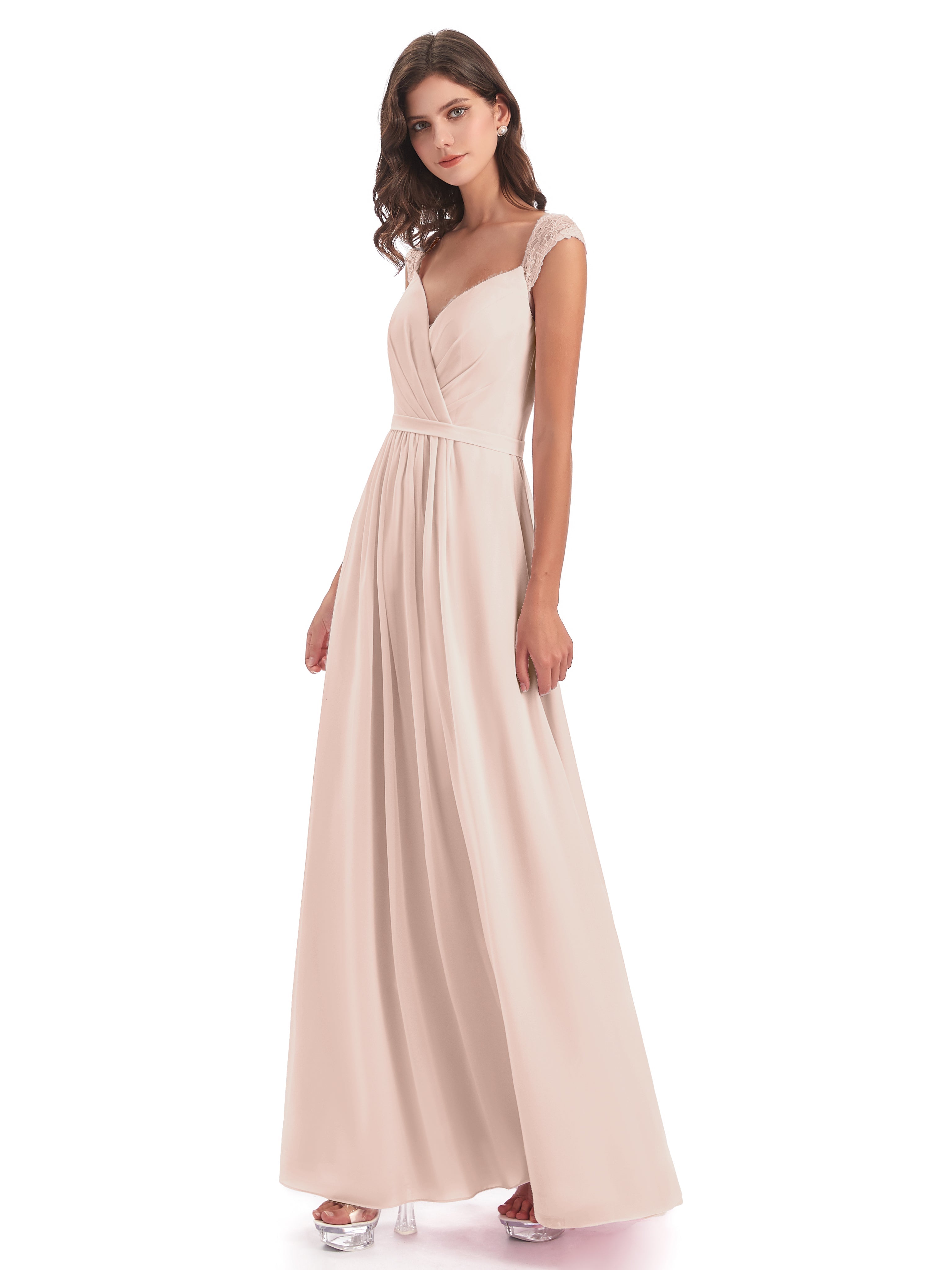 Robe De Demoiselle D'Honneur En Perles Mancherons Dos Ouvert Mousseline Robes Demoiselle D'Honneur