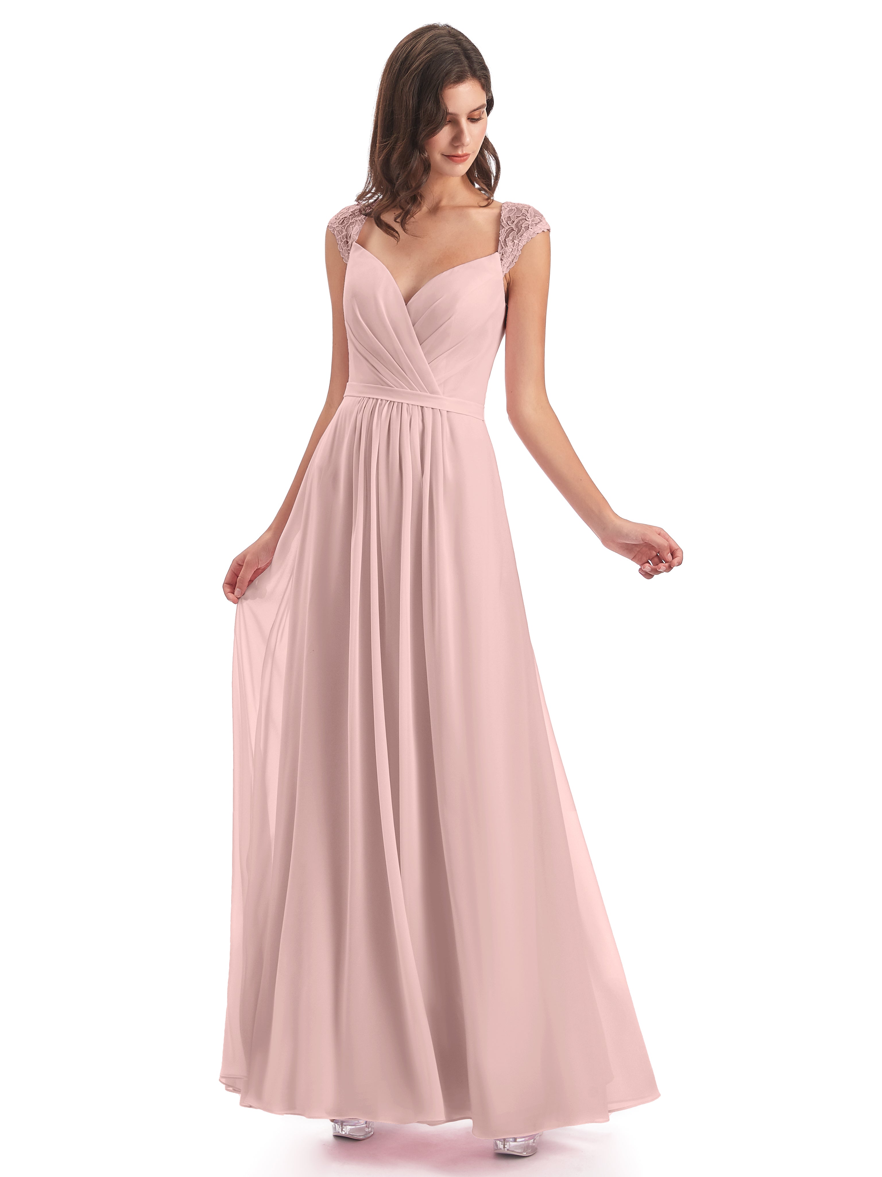 Robe Longue Demoiselle D Honneur Rose Poudré Mancherons Dos Ouvert Mousseline Robes Demoiselle D'Honneur