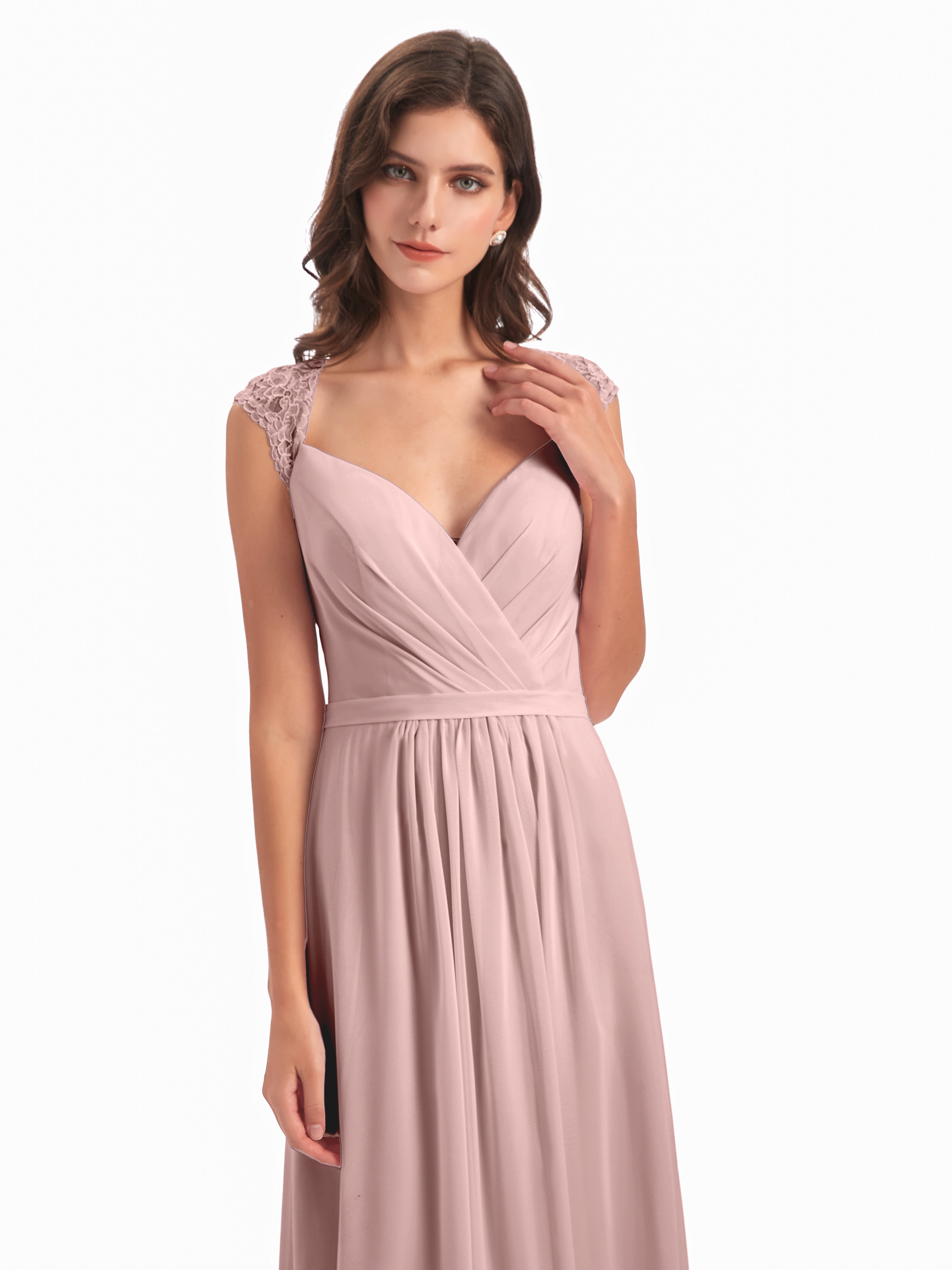Robe Longue Demoiselle D Honneur Rose Poudré Mancherons Dos Ouvert Mousseline Robes Demoiselle D'Honneur
