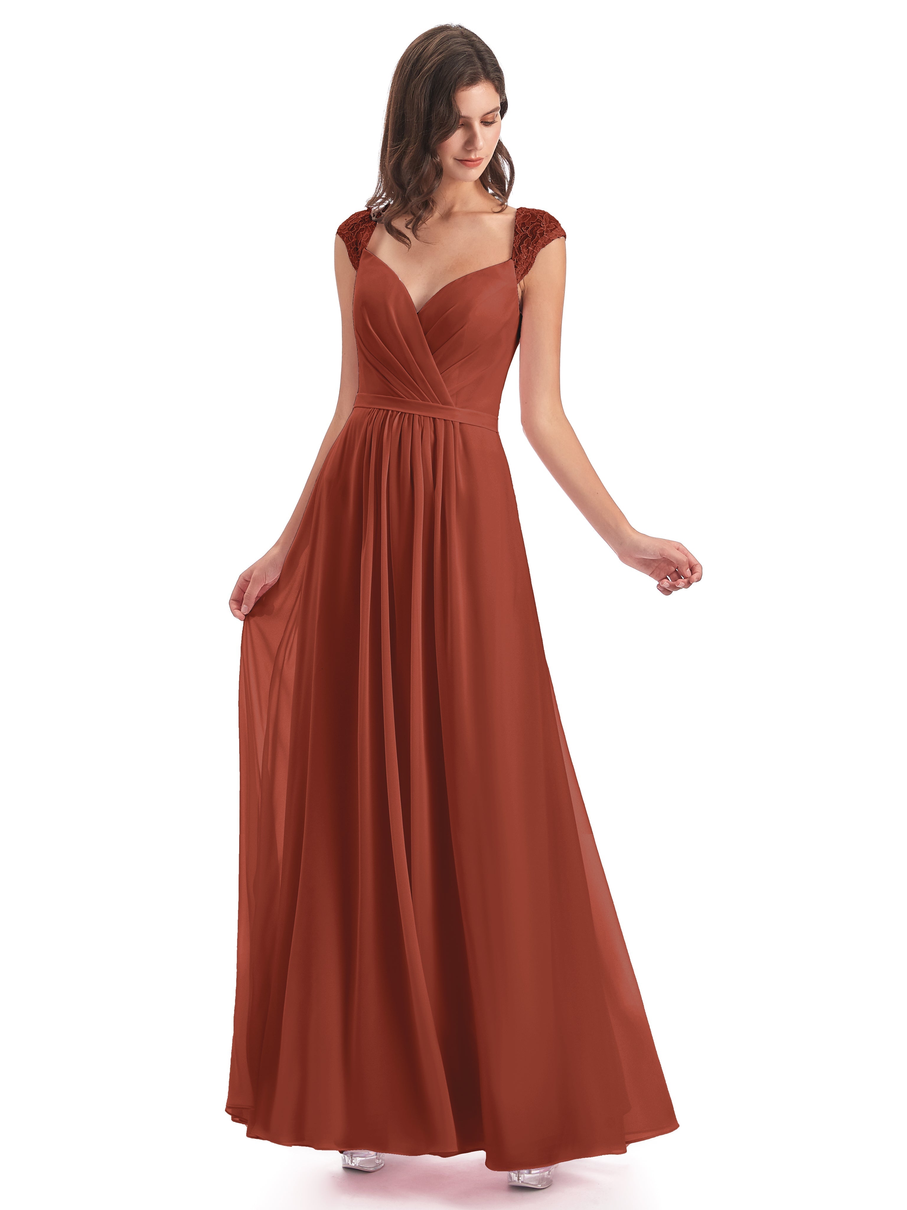 Robes De Demoiselle D'Honneur Couleur Rouille Mancherons Dos Ouvert Mousseline Robes Demoiselle D'Honneur