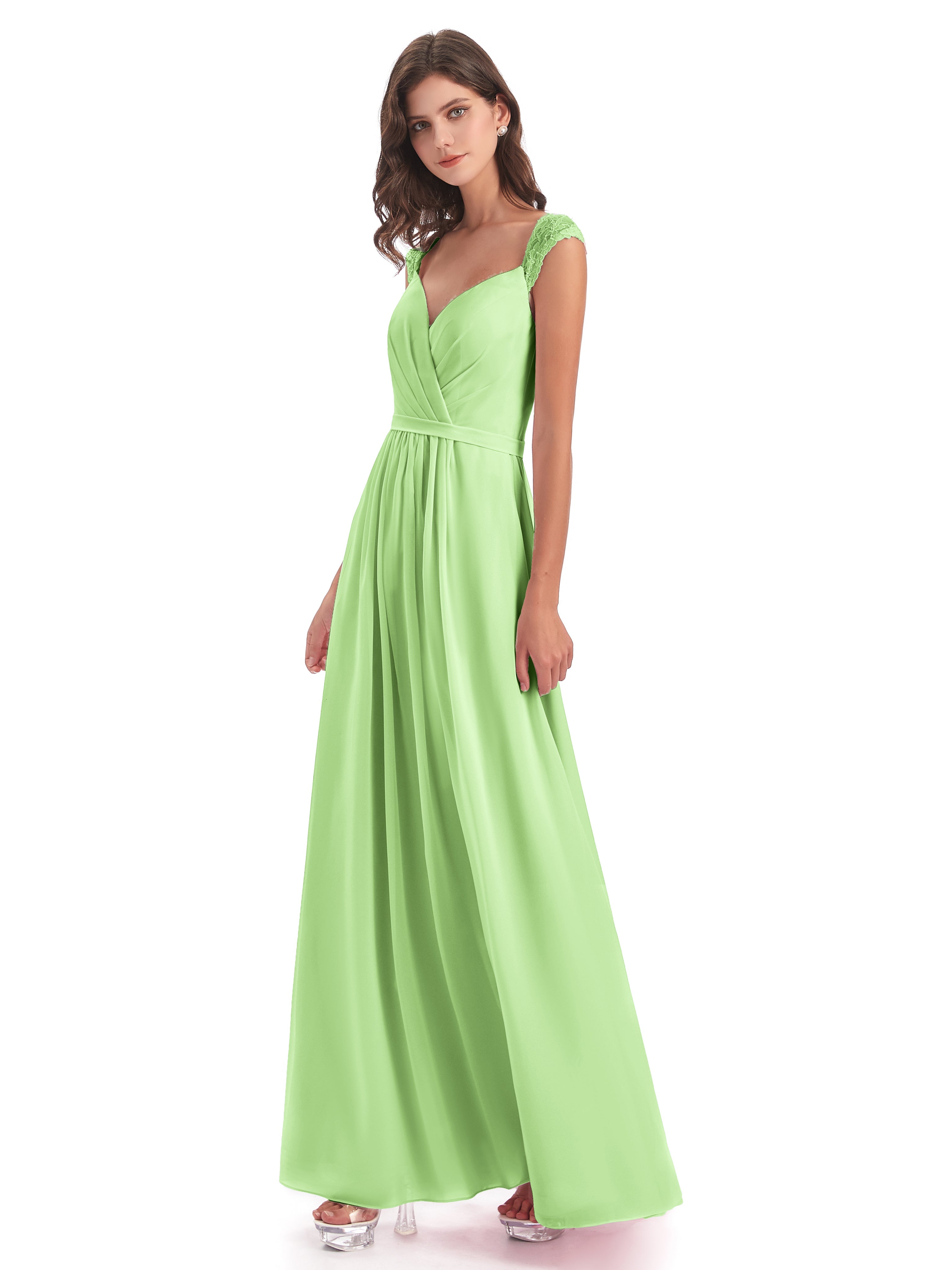 Robe Demoiselle D Honneur Verte Sauge Mancherons Dos Ouvert Mousseline Robes Demoiselle D'Honneur