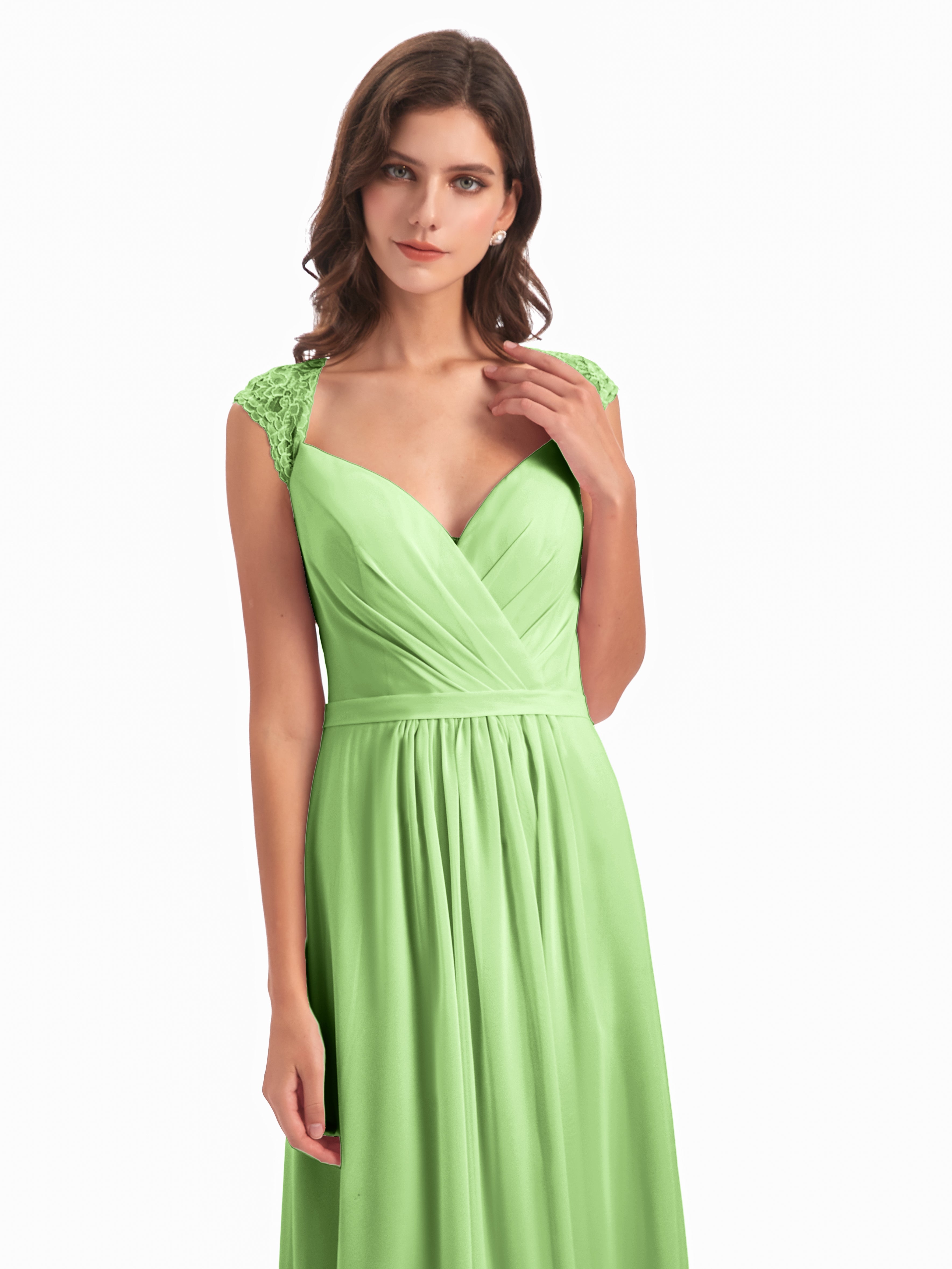 Robe Demoiselle D Honneur Verte Sauge Mancherons Dos Ouvert Mousseline Robes Demoiselle D'Honneur