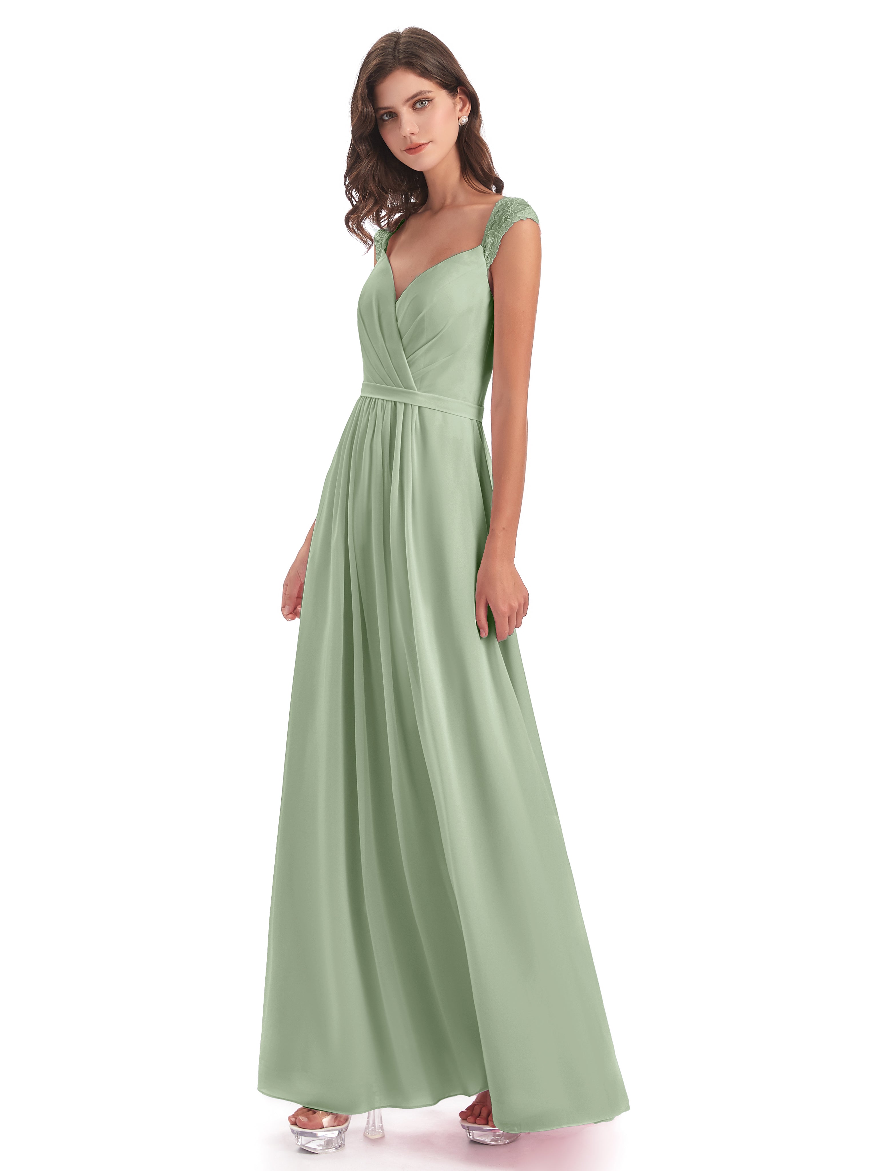 Robes De Demoiselle D'Honneur Couleur Sauge Poussiéreuse Mancherons Dos Ouvert Mousseline