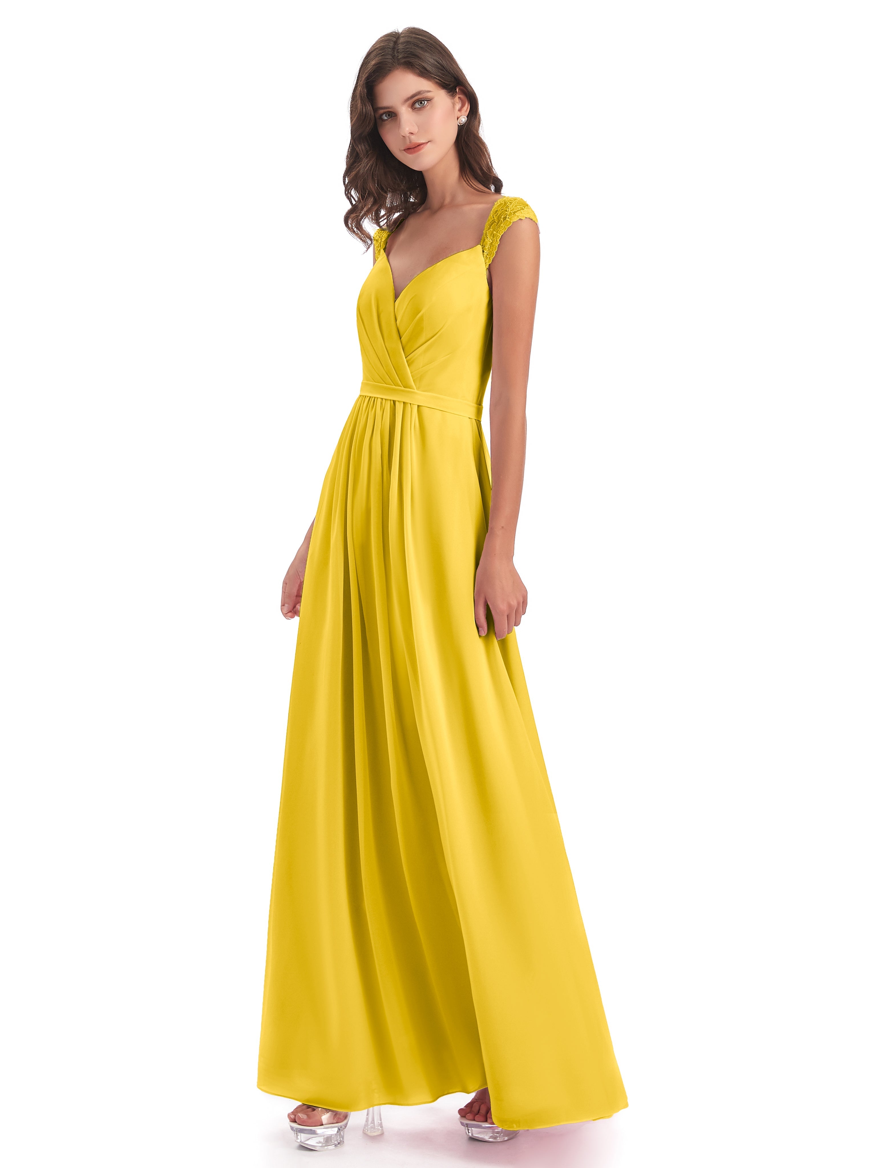 Robe De Demoiselle D'Honneur Souci Mancherons Dos Ouvert Mousseline Robes Demoiselle D'Honneur