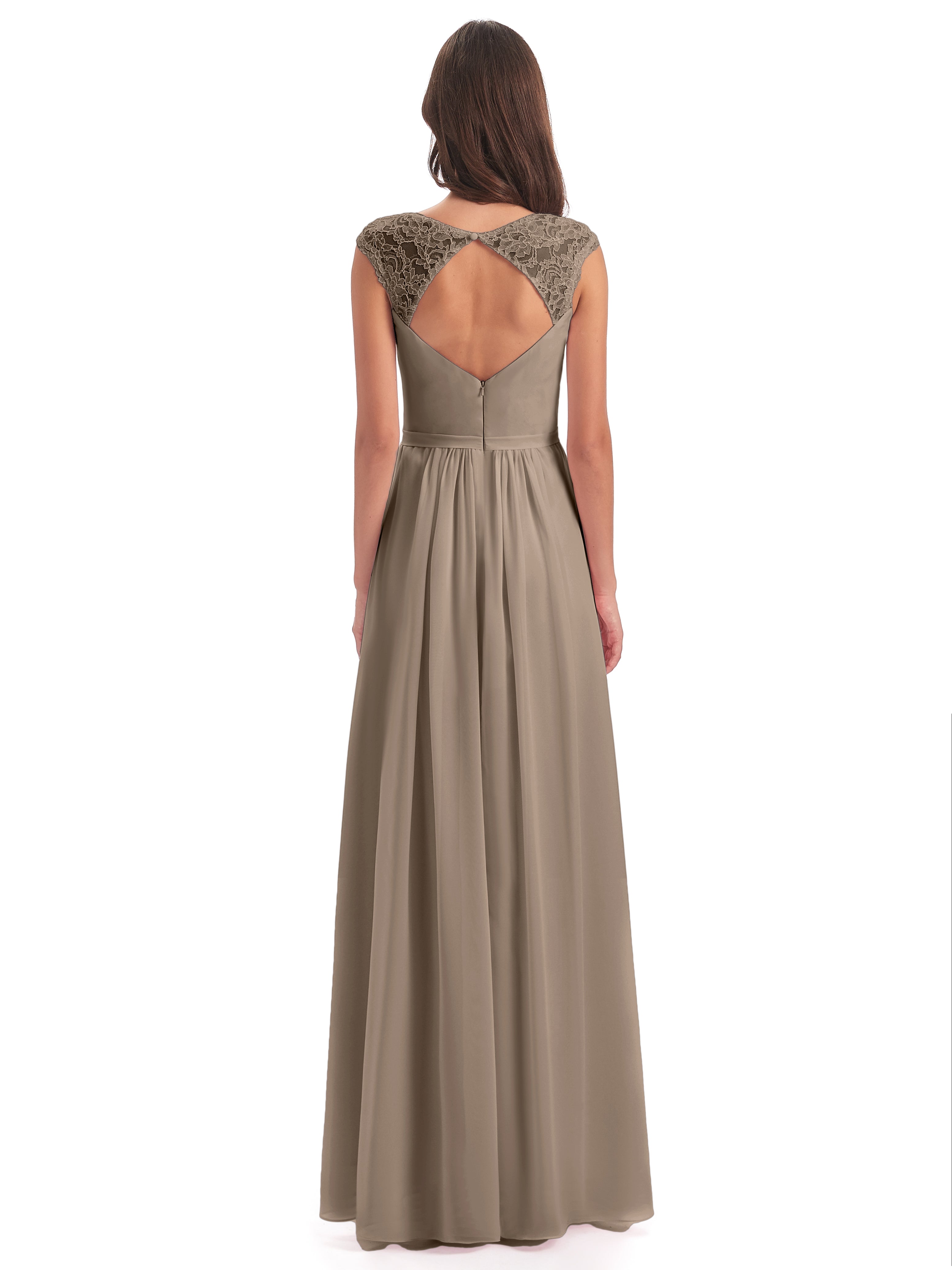 Robe Taupe Demoiselle D Honneur Mancherons Dos Ouvert Mousseline Robes Demoiselle D'Honneur