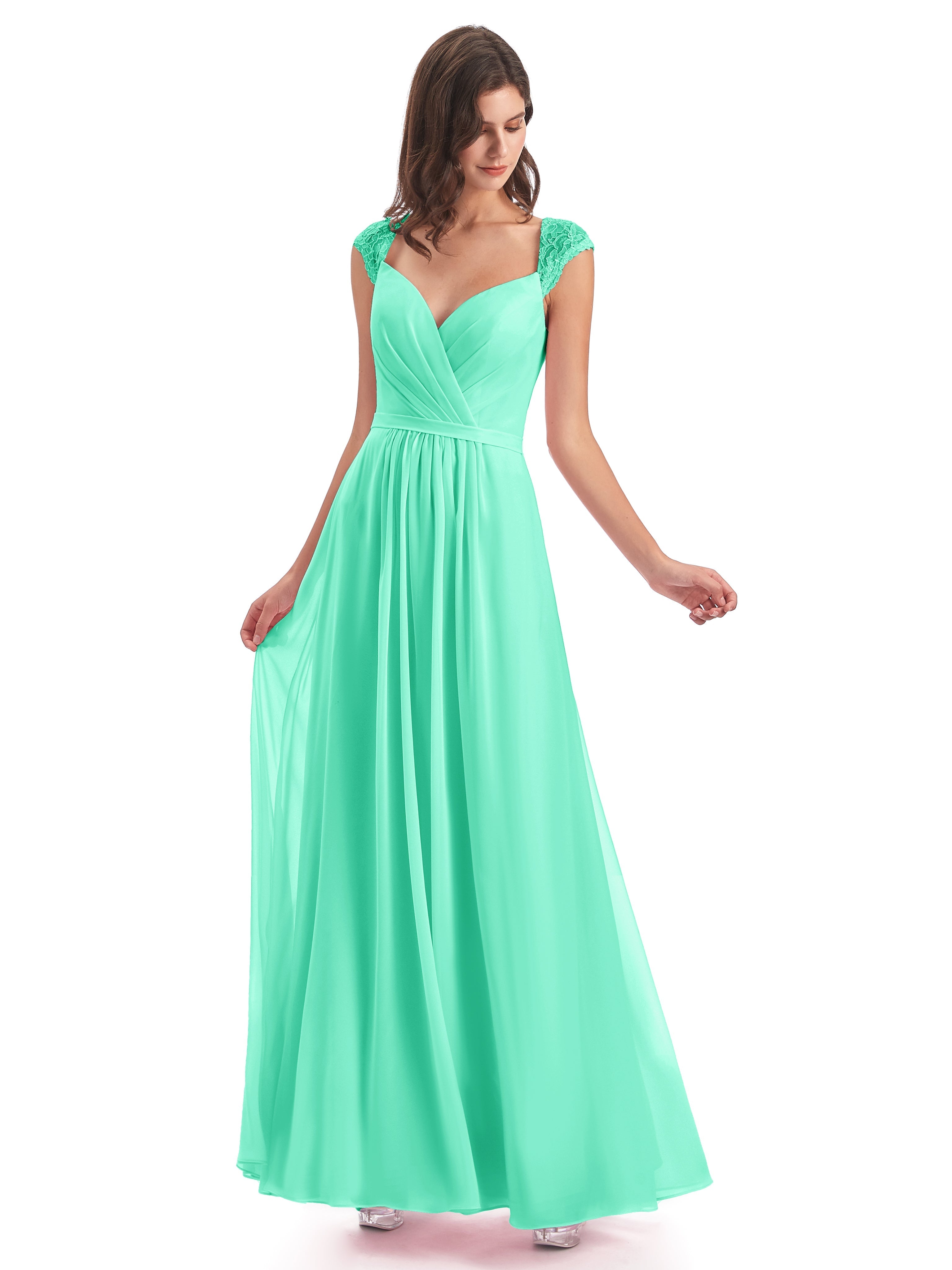 Robe Bleu Turquoise Demoiselle D Honneur Mancherons Dos Ouvert Mousseline Robes Demoiselle D'Honneur