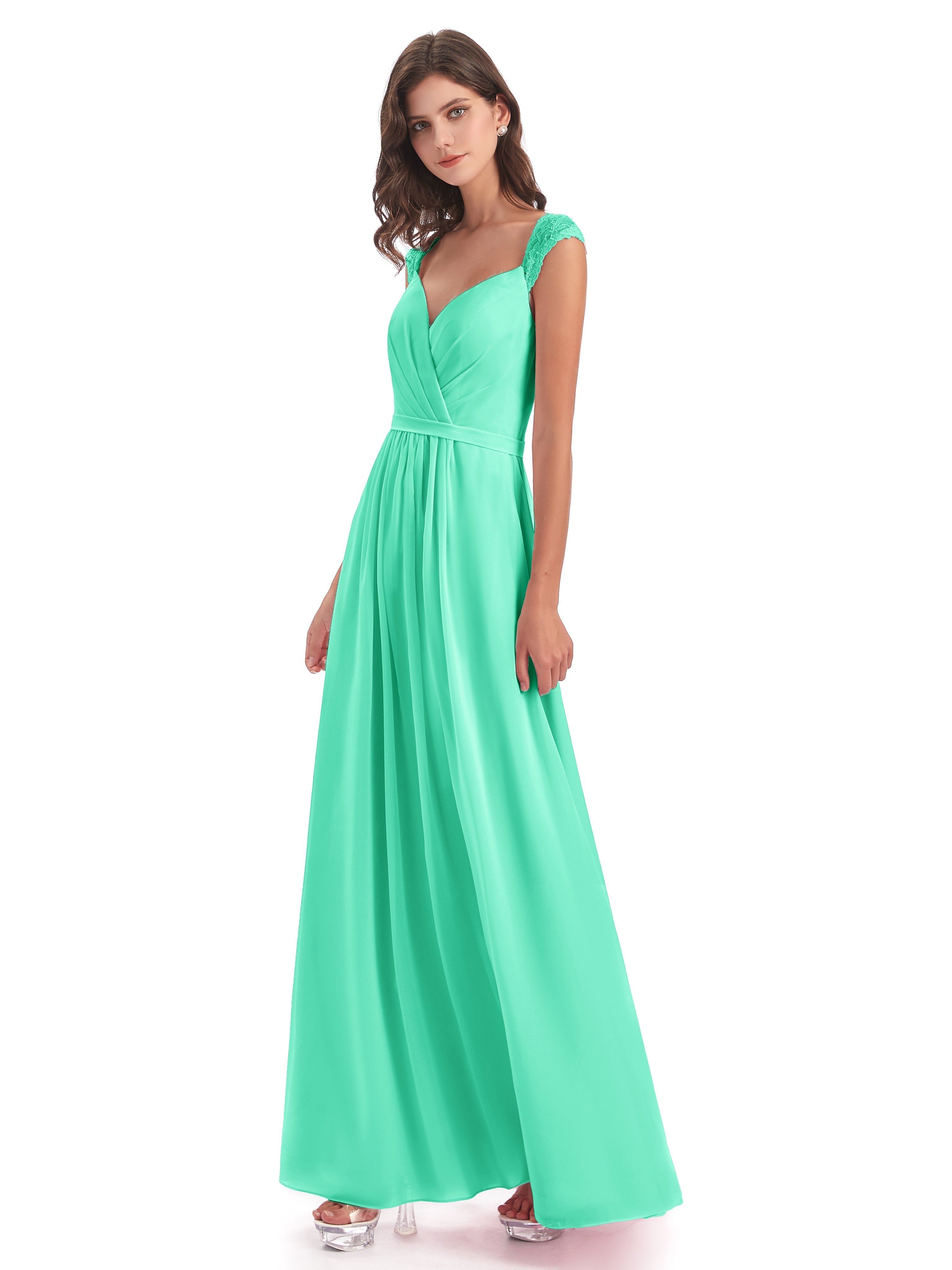 Robe Bleu Turquoise Demoiselle D Honneur Mancherons Dos Ouvert Mousseline Robes Demoiselle D'Honneur
