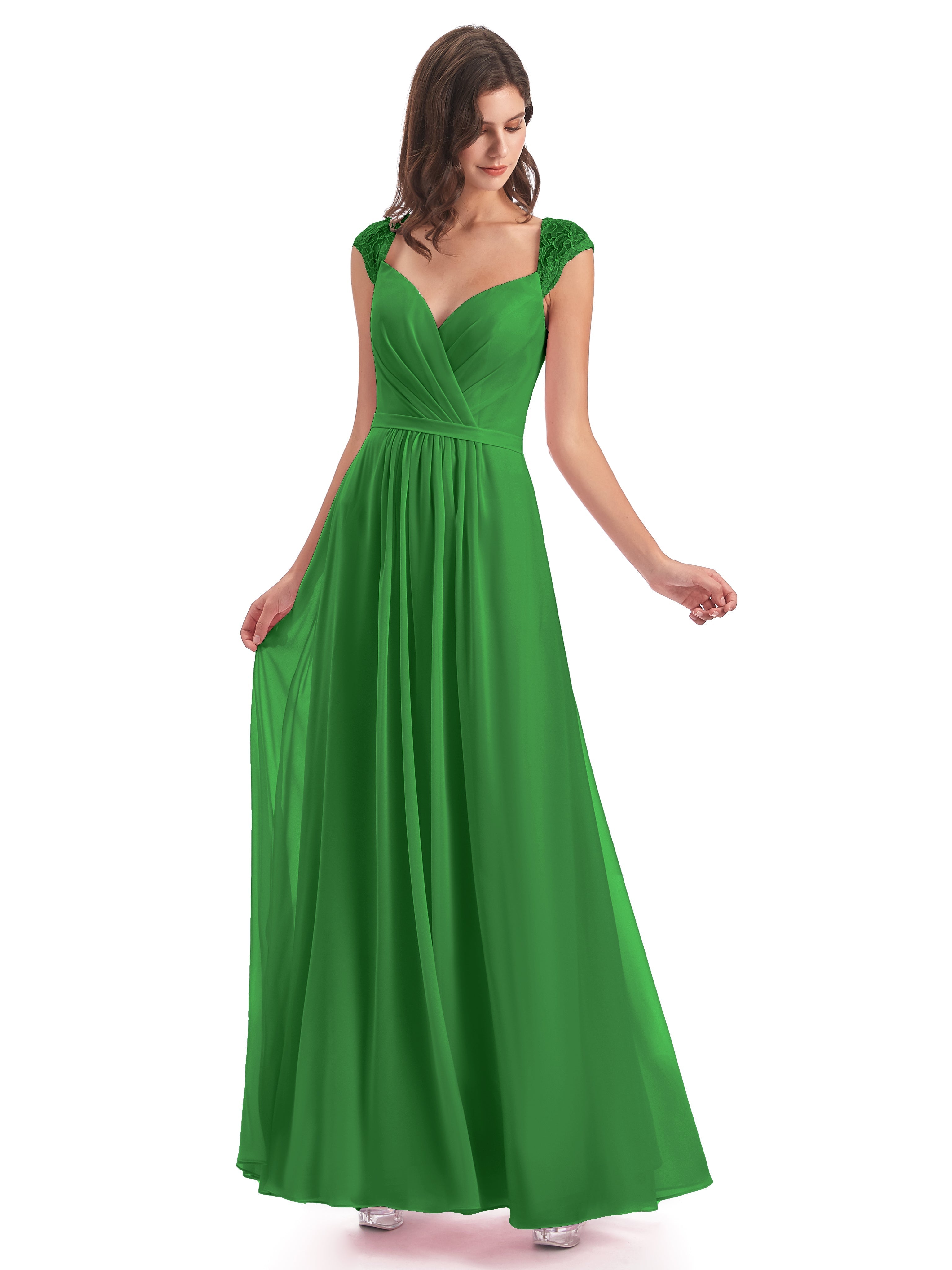 Robes De Demoiselle D'Honneur Vert Forêt Mancherons Dos Ouvert Mousseline Robes Demoiselle D'Honneur