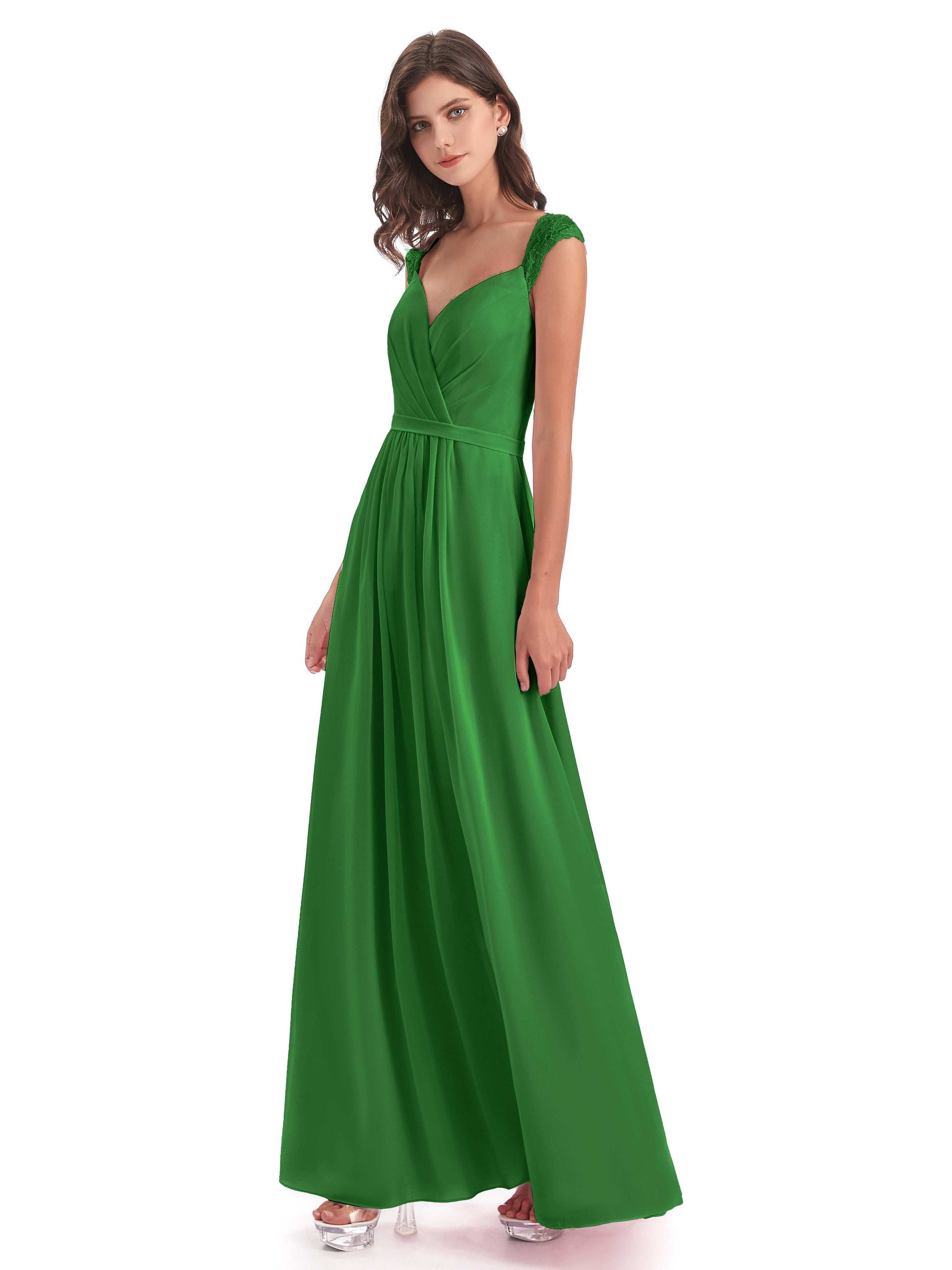 Robes De Demoiselle D'Honneur Vert Forêt Mancherons Dos Ouvert Mousseline Robes Demoiselle D'Honneur