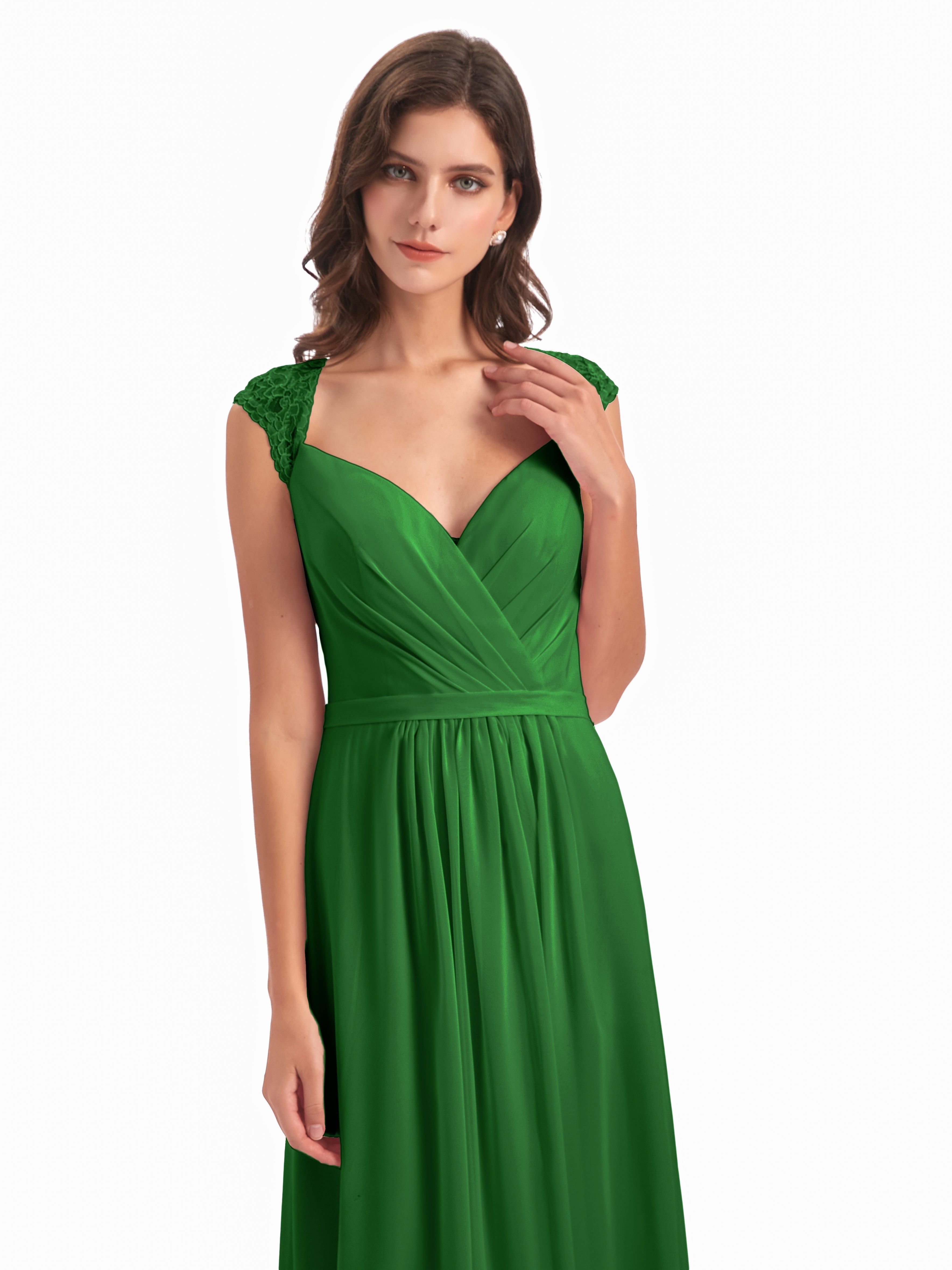Robes De Demoiselle D'Honneur Vert Forêt Mancherons Dos Ouvert Mousseline Robes Demoiselle D'Honneur