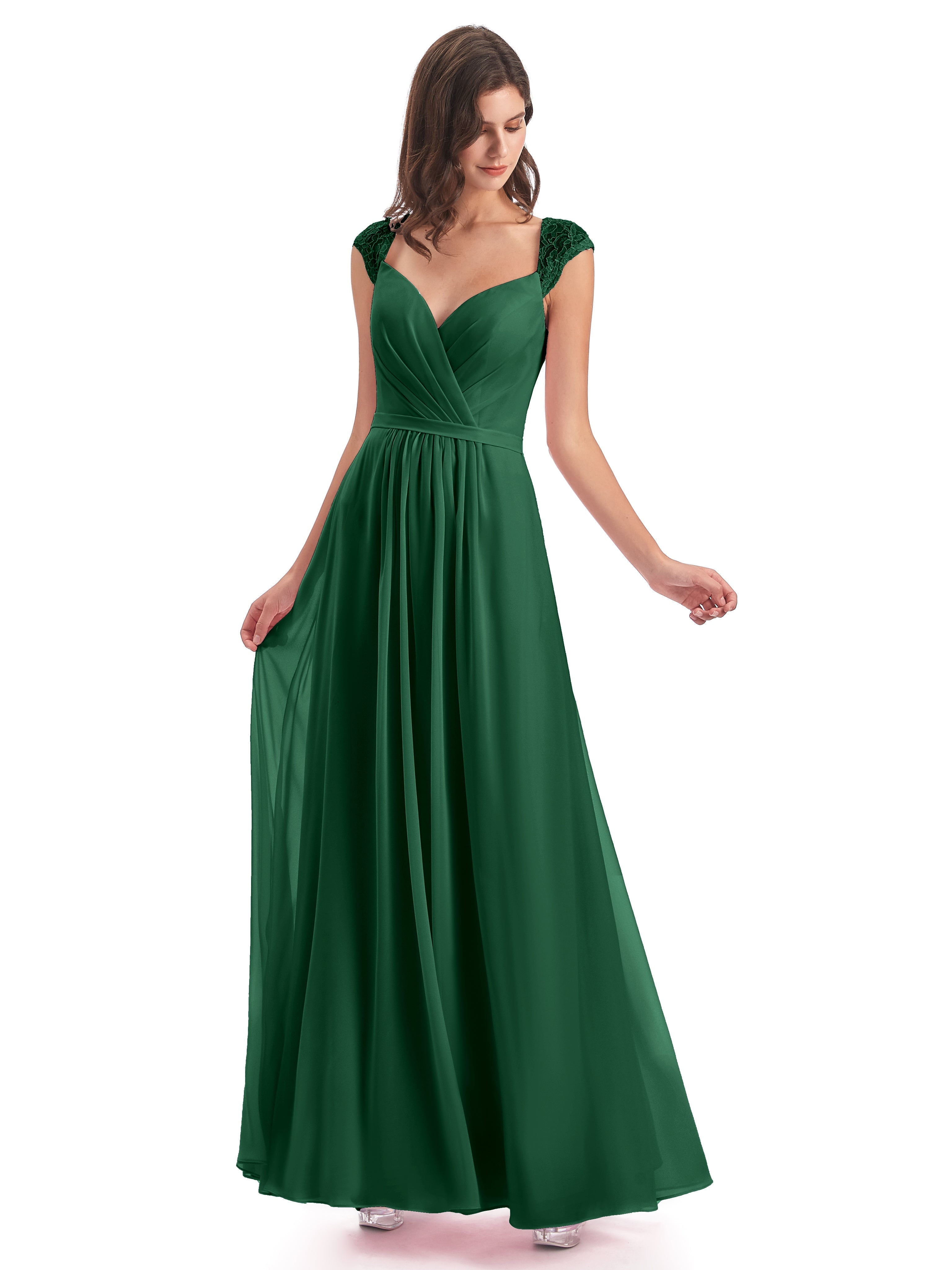 Demoiselle D'Honneur Vert Foncé Mancherons Dos Ouvert Mousseline Robes Demoiselle D'Honneur