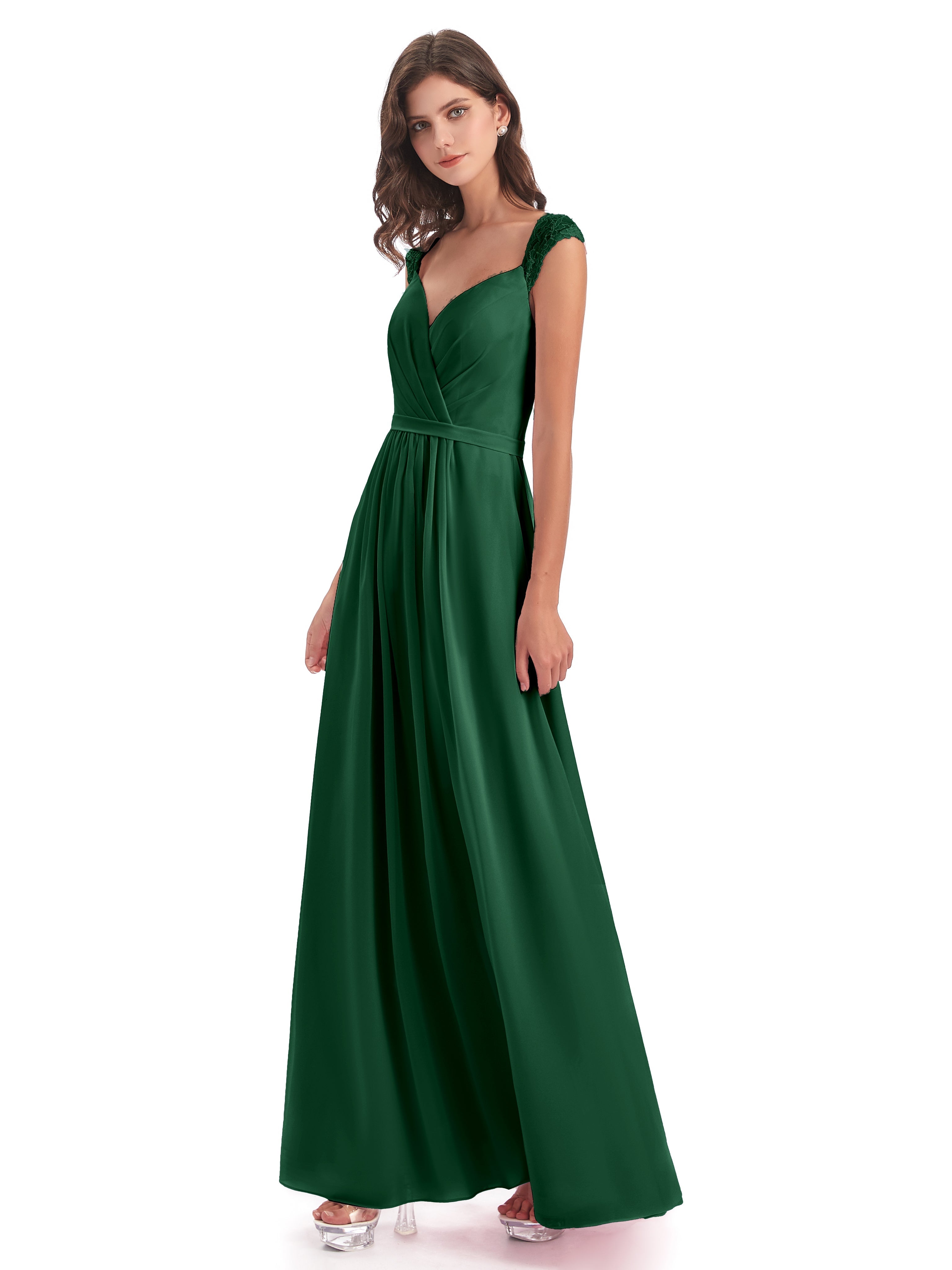 Demoiselle D'Honneur Vert Foncé Mancherons Dos Ouvert Mousseline Robes Demoiselle D'Honneur