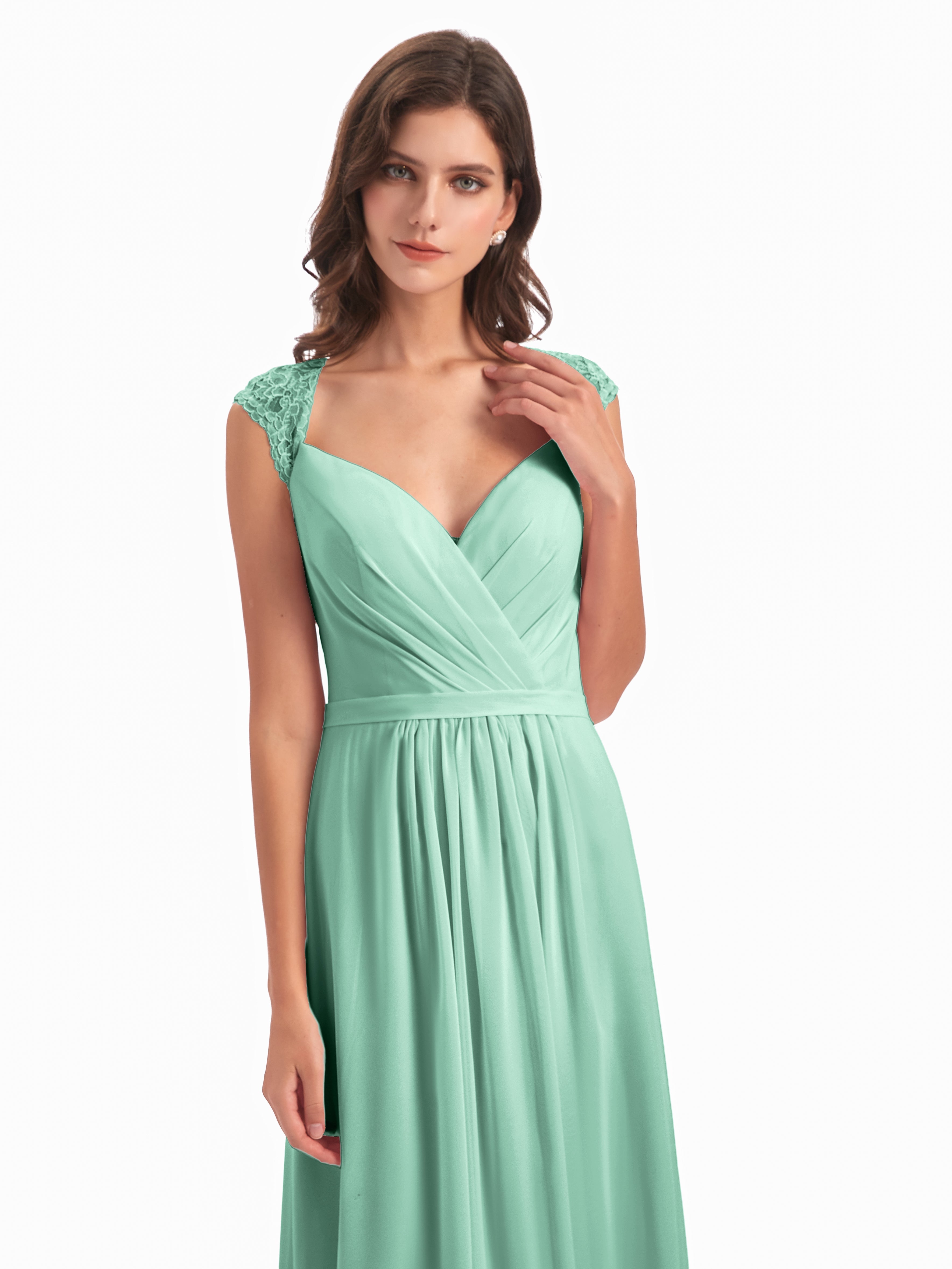 Robe Vert Menthe Demoiselle D Honneur Mancherons Dos Ouvert Mousseline Robes Demoiselle D'Honneur