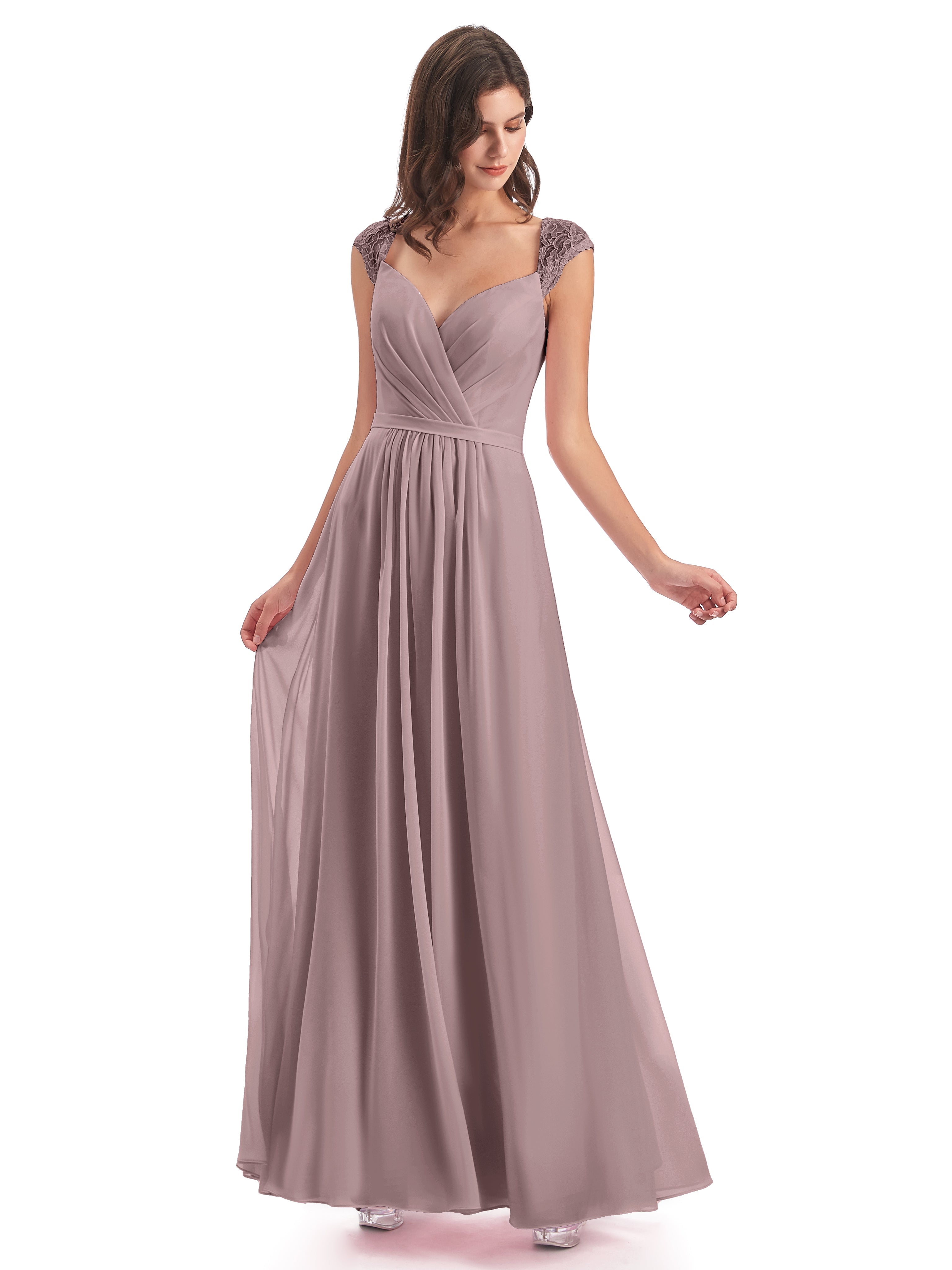 Robes De Demoiselle D'Honneur Vintage Mauve Mancherons Dos Ouvert Mousseline Robes Demoiselle D'Honneur