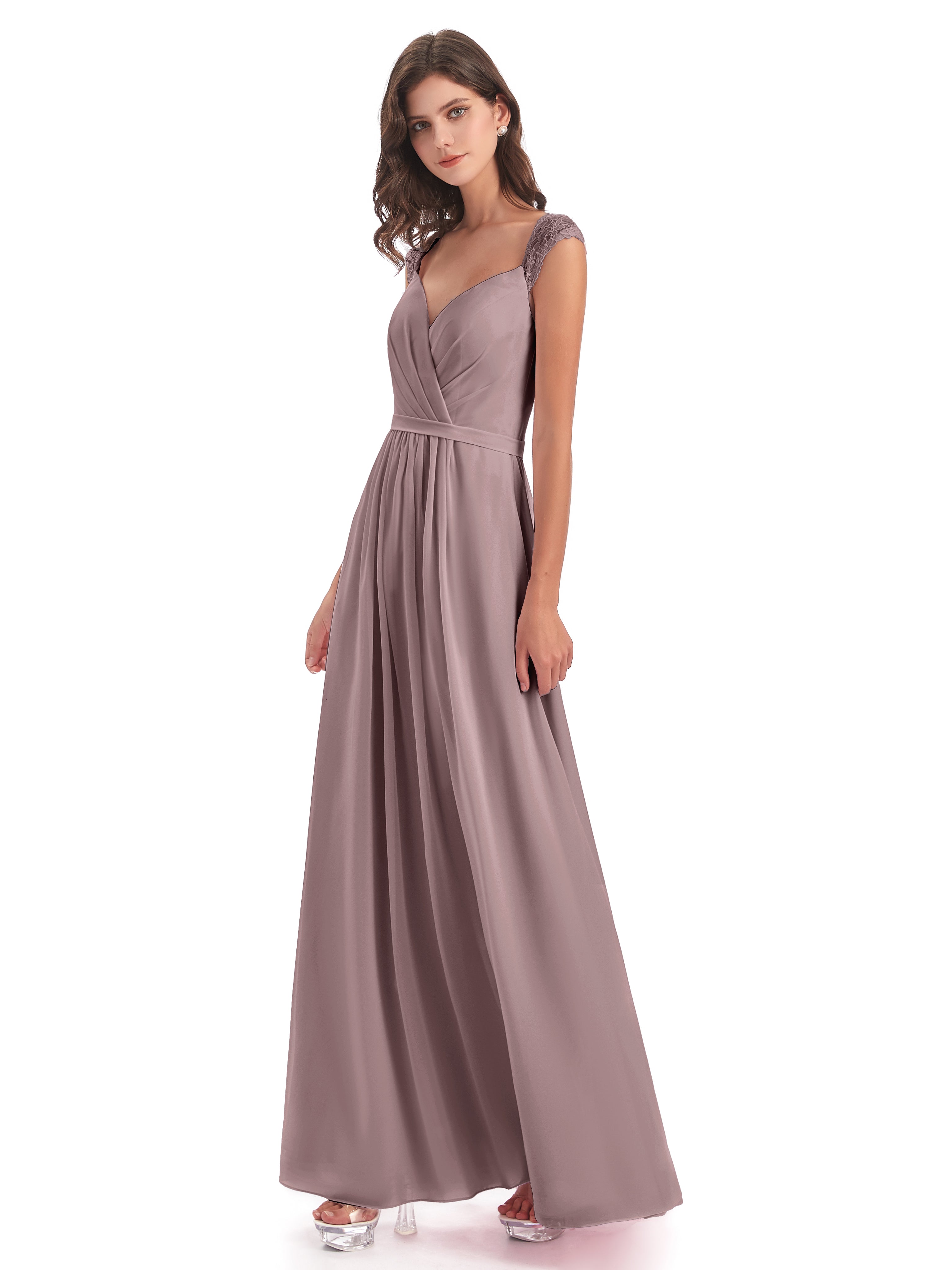 Robes De Demoiselle D'Honneur Vintage Mauve Mancherons Dos Ouvert Mousseline Robes Demoiselle D'Honneur
