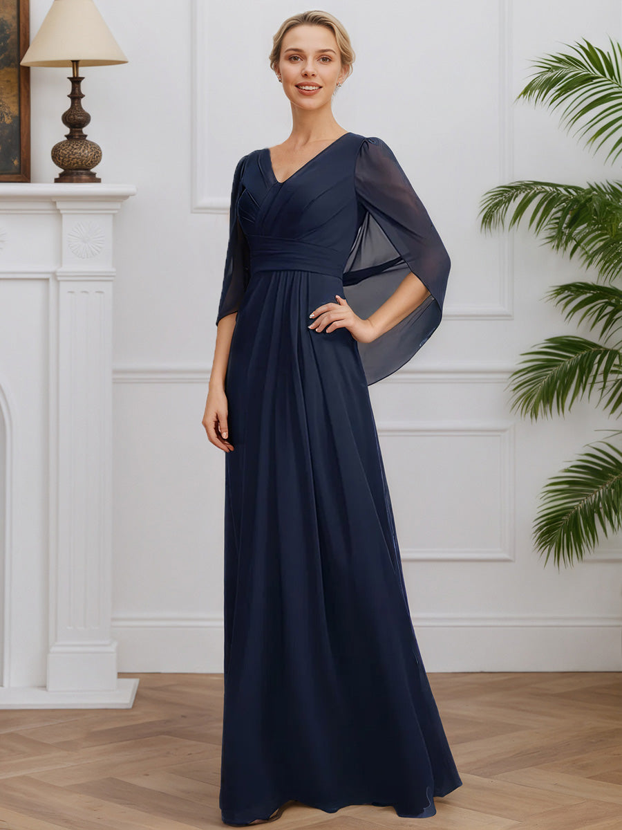 Cicinia Bleu Marine Robe pour Mère de la Mariée Longue en Mousseline A-Line Longueur Sol Décolleté en V