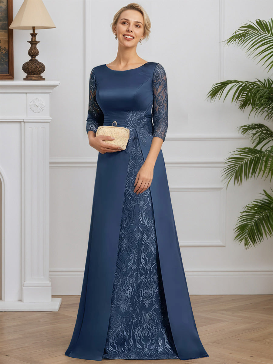 Cicinia Bleu Encre Robe pour Mère de la Mariée Longue en Satin et Dentelle A-Line Manches Trois-Quarts Longueur Sol