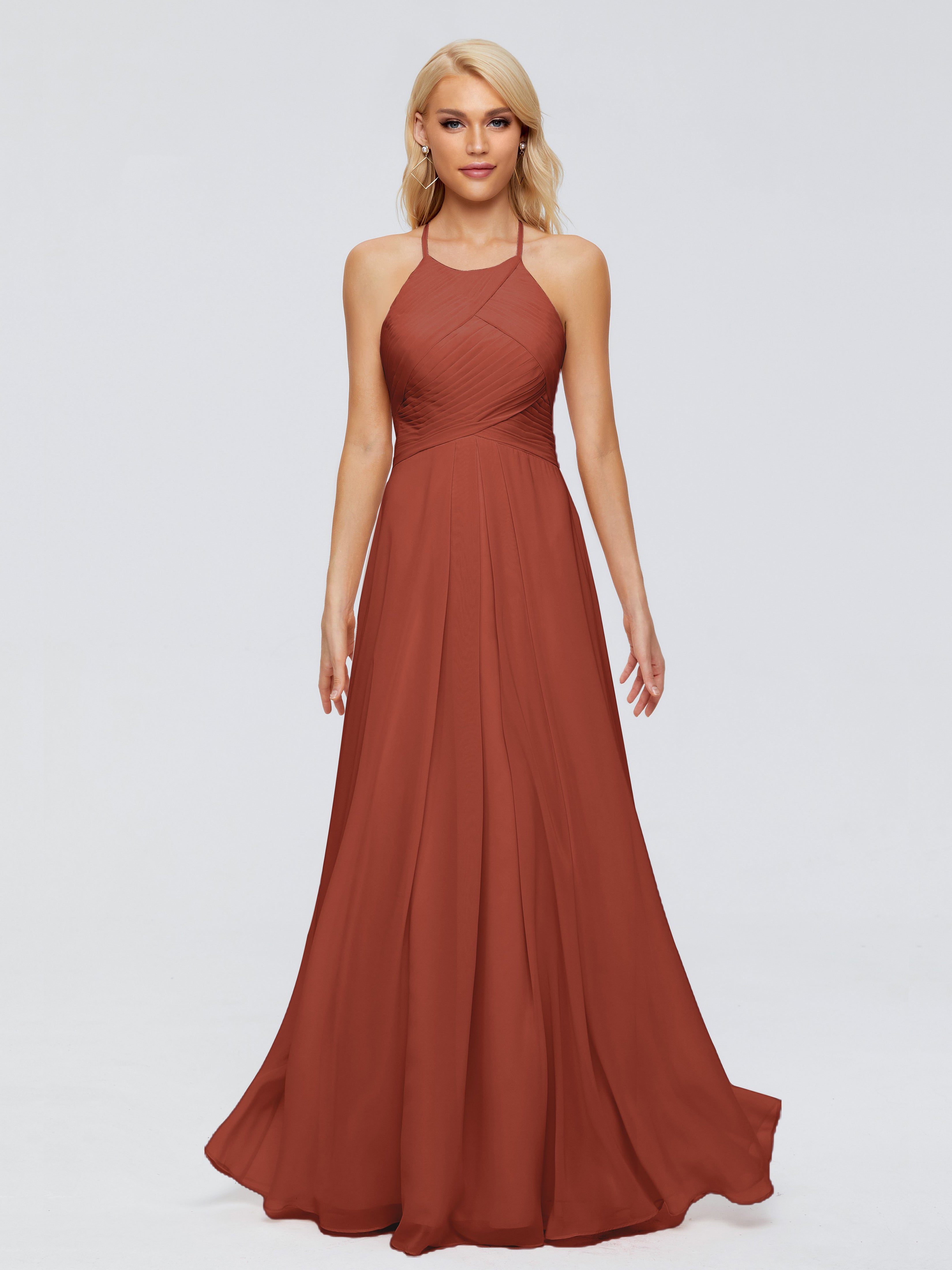 Robe De Demoiselle D'Honneur De Rouille Au Sol Finley Trapèze Licou Mousseline Robes Demoiselle D'Honneur