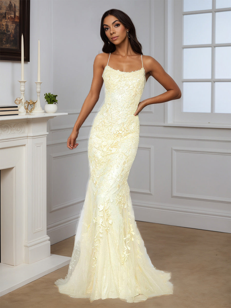 Cicinia Robe de Soirée Champagne en Tulle à Bretelles Spaghetti Appliqués avec Traîne Balayée