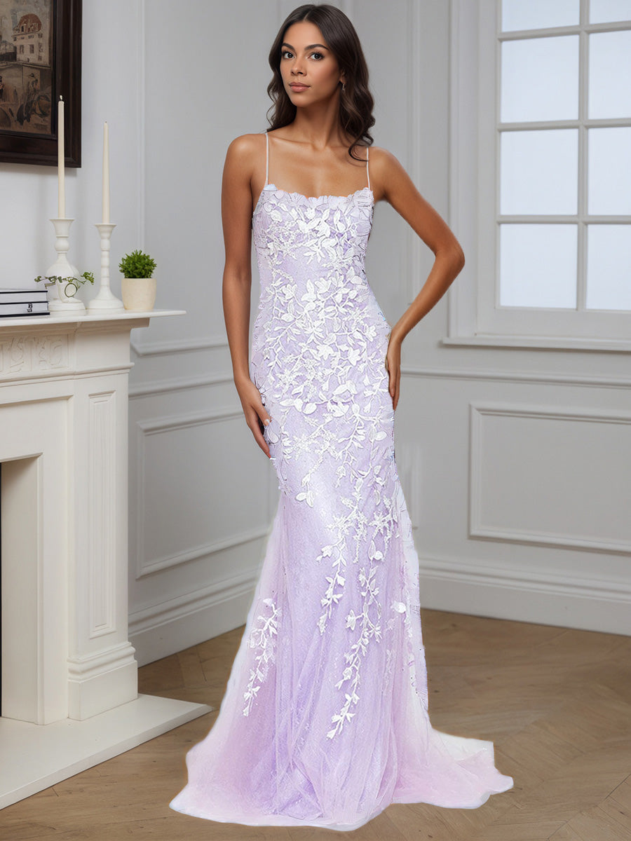 Cicinia Robe de Soirée LILAS en Tulle à Bretelles Spaghetti Appliqués avec Traîne Balayée