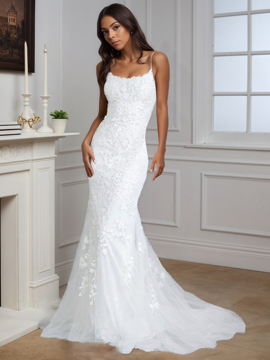 Cicinia Robe de Soirée Ivoire en Tulle à Bretelles Spaghetti Appliqués avec Traîne Balayée