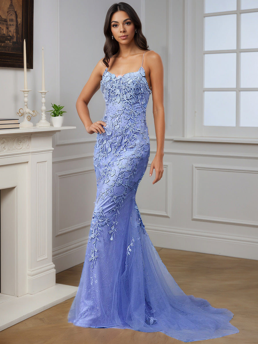 Cicinia Robe de Soirée LAVANDE en Tulle à Bretelles Spaghetti Appliqués avec Traîne Balayée