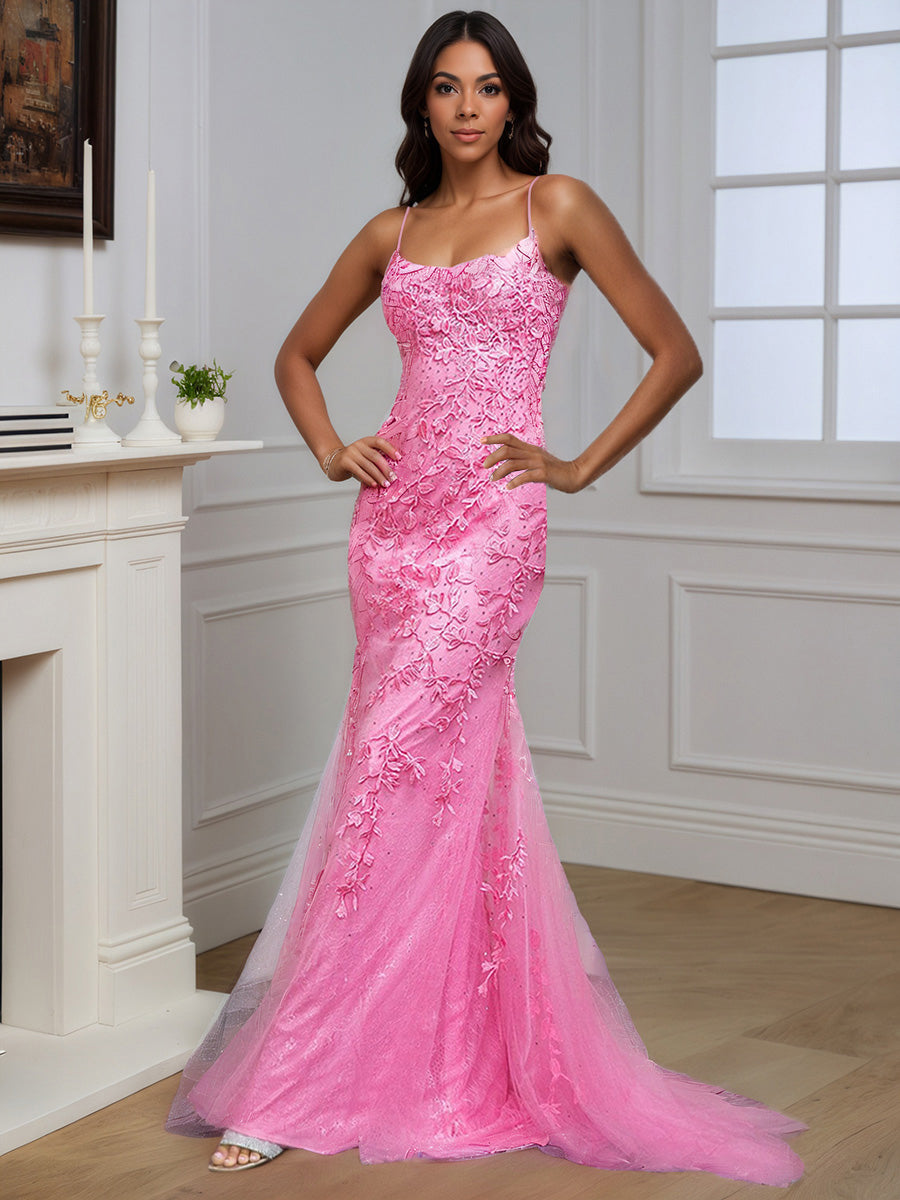 Cicinia Robe de Soirée AZALEE en Tulle à Bretelles Spaghetti Appliqués avec Traîne Balayée
