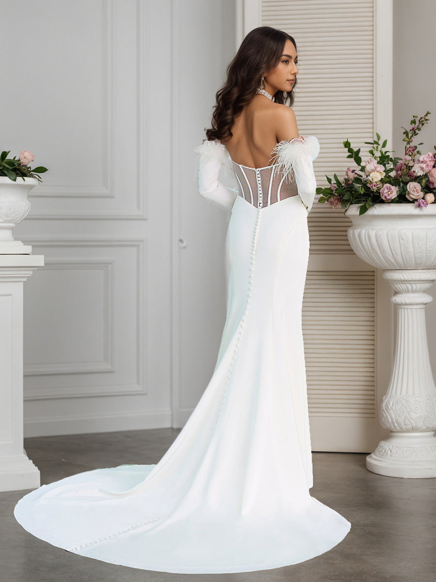 Cicinia Robe de Mariée à Manches Longues Épaules Dénudées Décolleté Cœur Fente Latérale avec Plumes