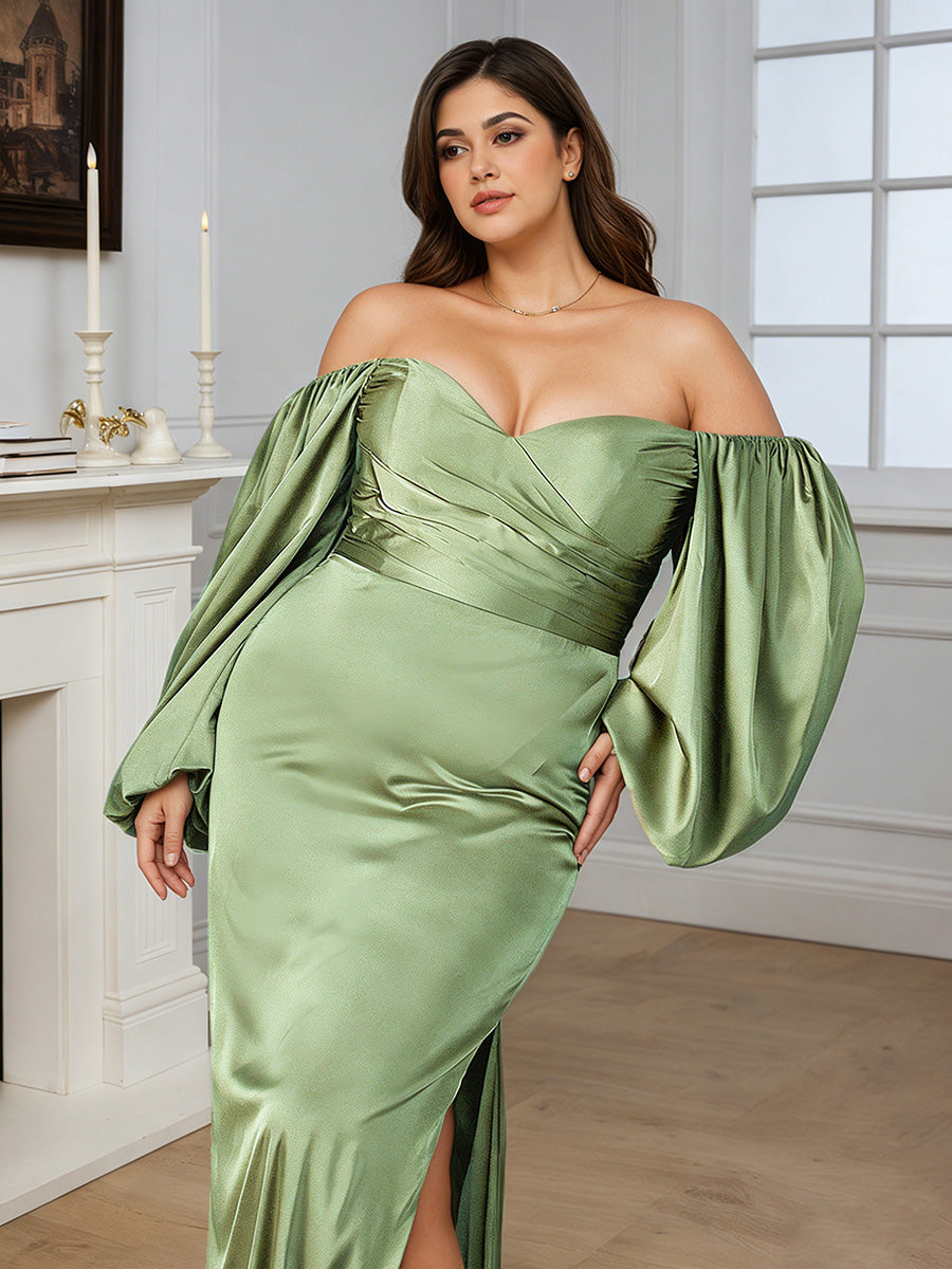 Cicinia Robe de Soirée SAUGE POUDREE Longue Fourreau à Manches Longues Épaules Dénudées Fente Latérale Élégante