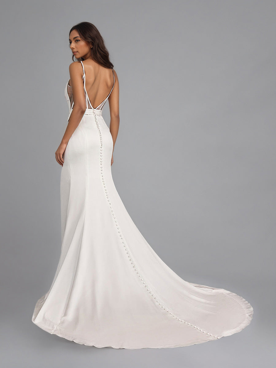 Cicinia Robe de Mariée à Bretelles Spaghetti Décolleté en V Dos Nud Fente Traîne Balayée