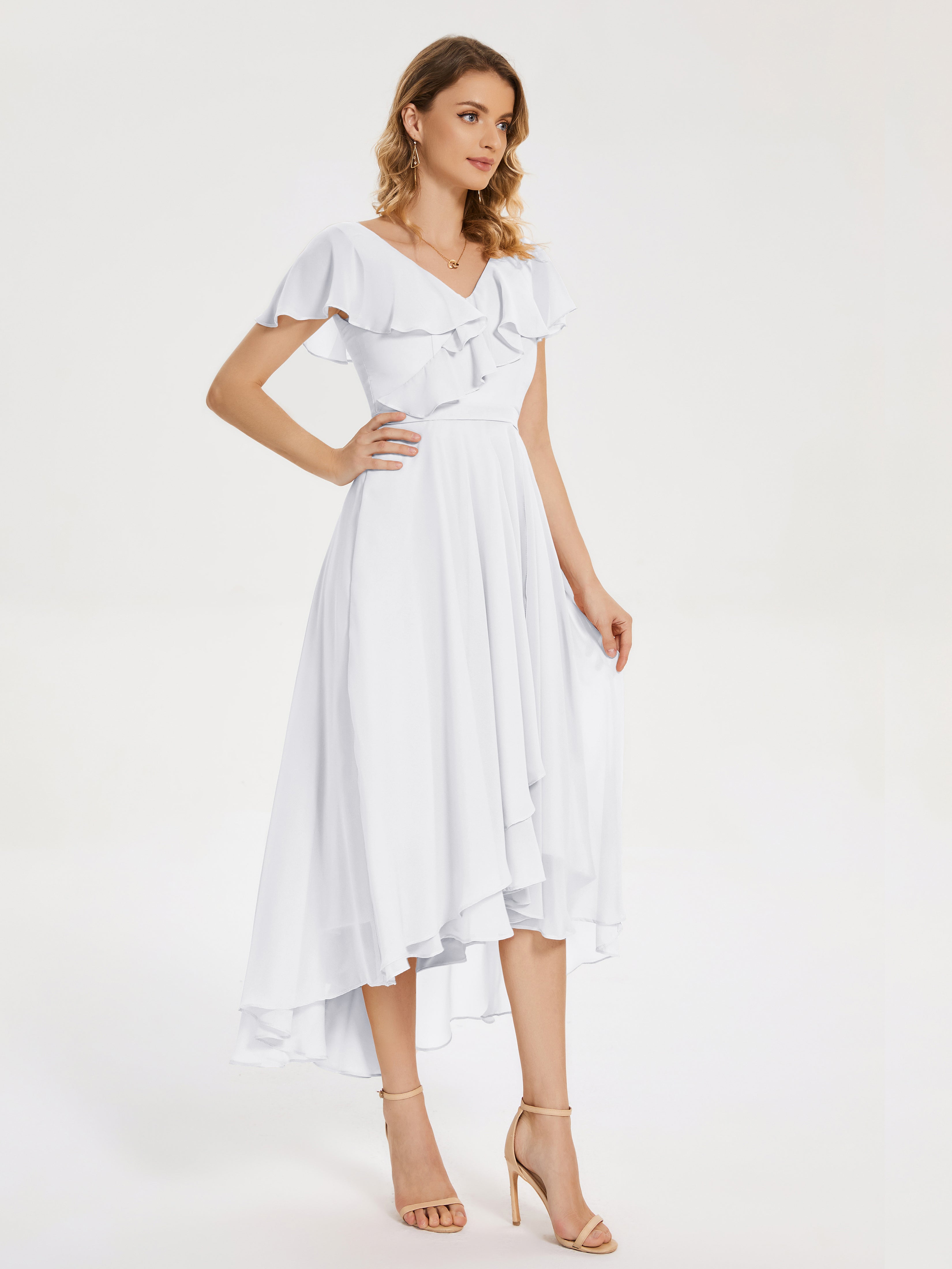 Robe De Demoiselle D Honneur Blanche Col V Asymétrique Robes Demoiselle D'Honneur À Volants