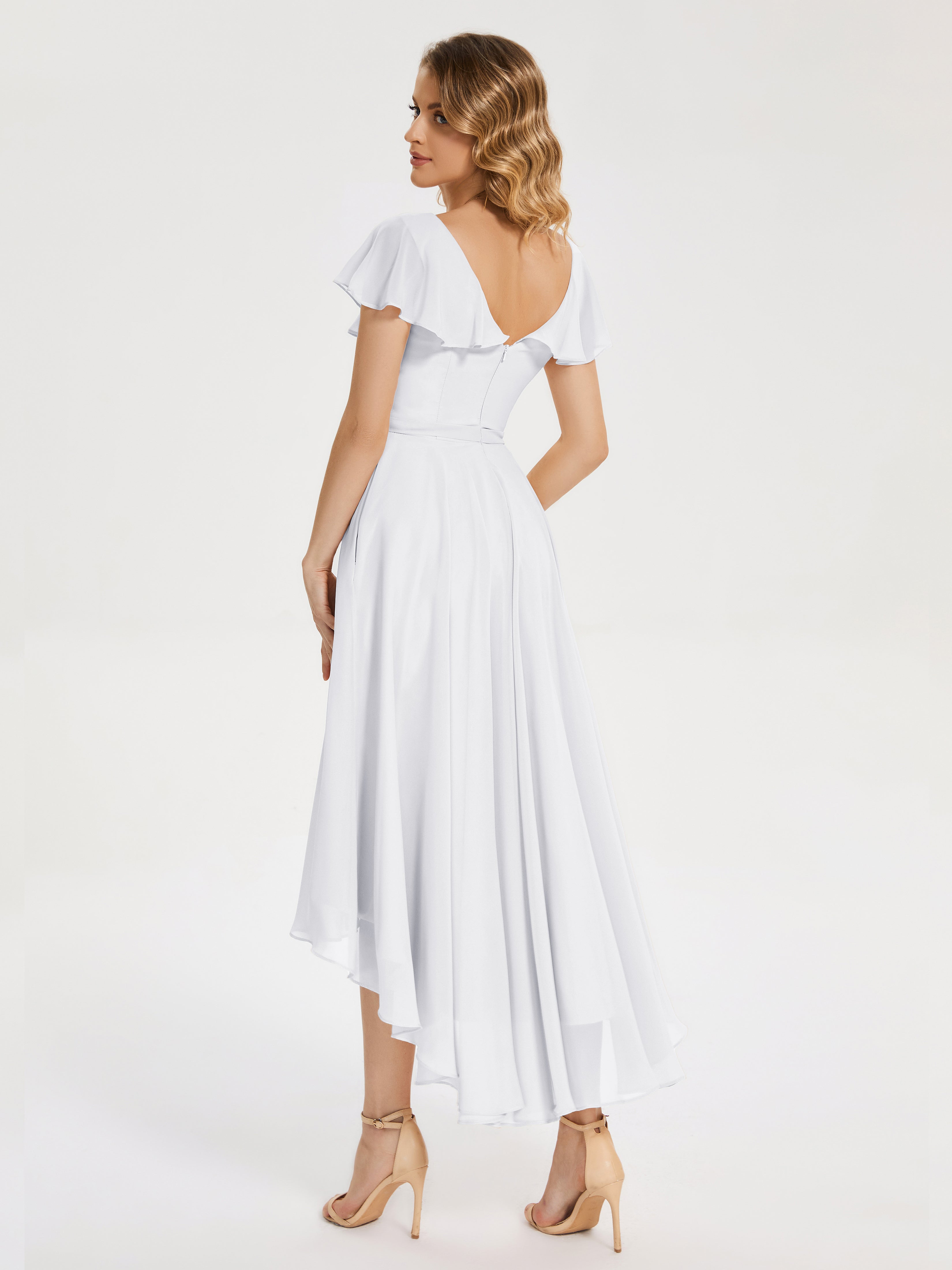 Robe De Demoiselle D Honneur Blanche Col V Asymétrique Robes Demoiselle D'Honneur À Volants