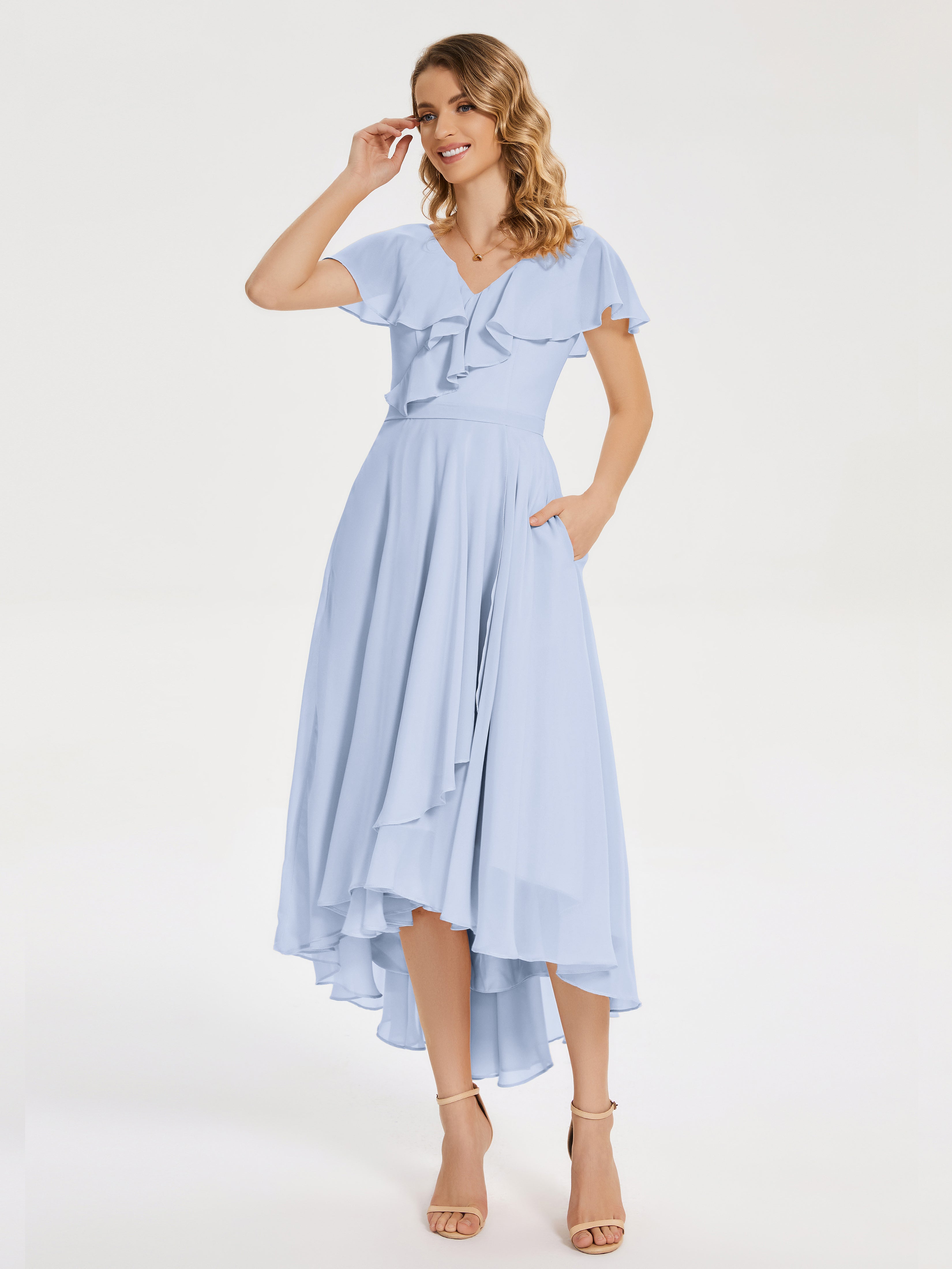 Robe Demoiselle D Honneur Bleue Ciel Col V Asymétrique Robes Demoiselle D'Honneur À Volants