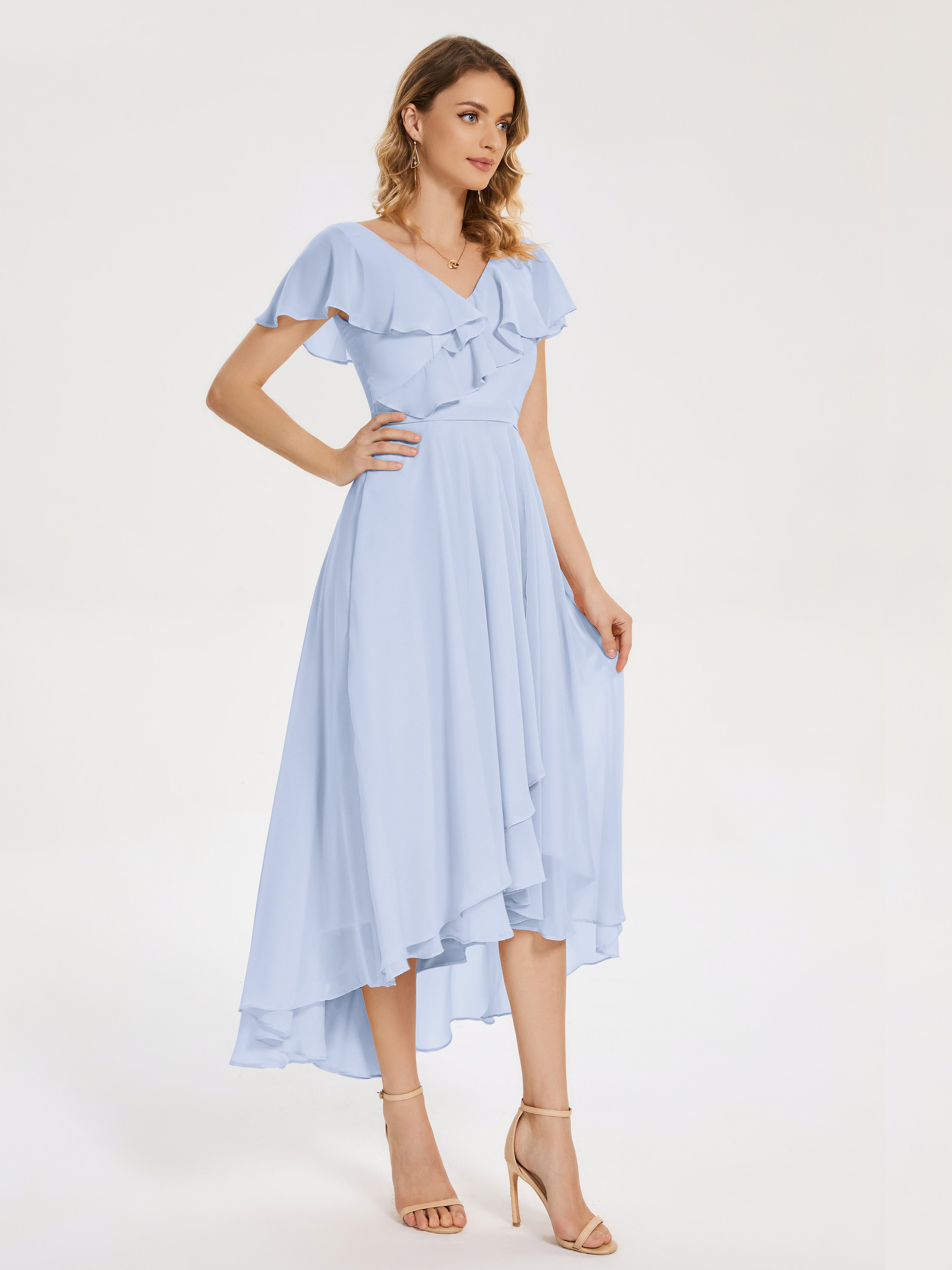 Robe Demoiselle D Honneur Bleue Ciel Col V Asymétrique Robes Demoiselle D'Honneur À Volants