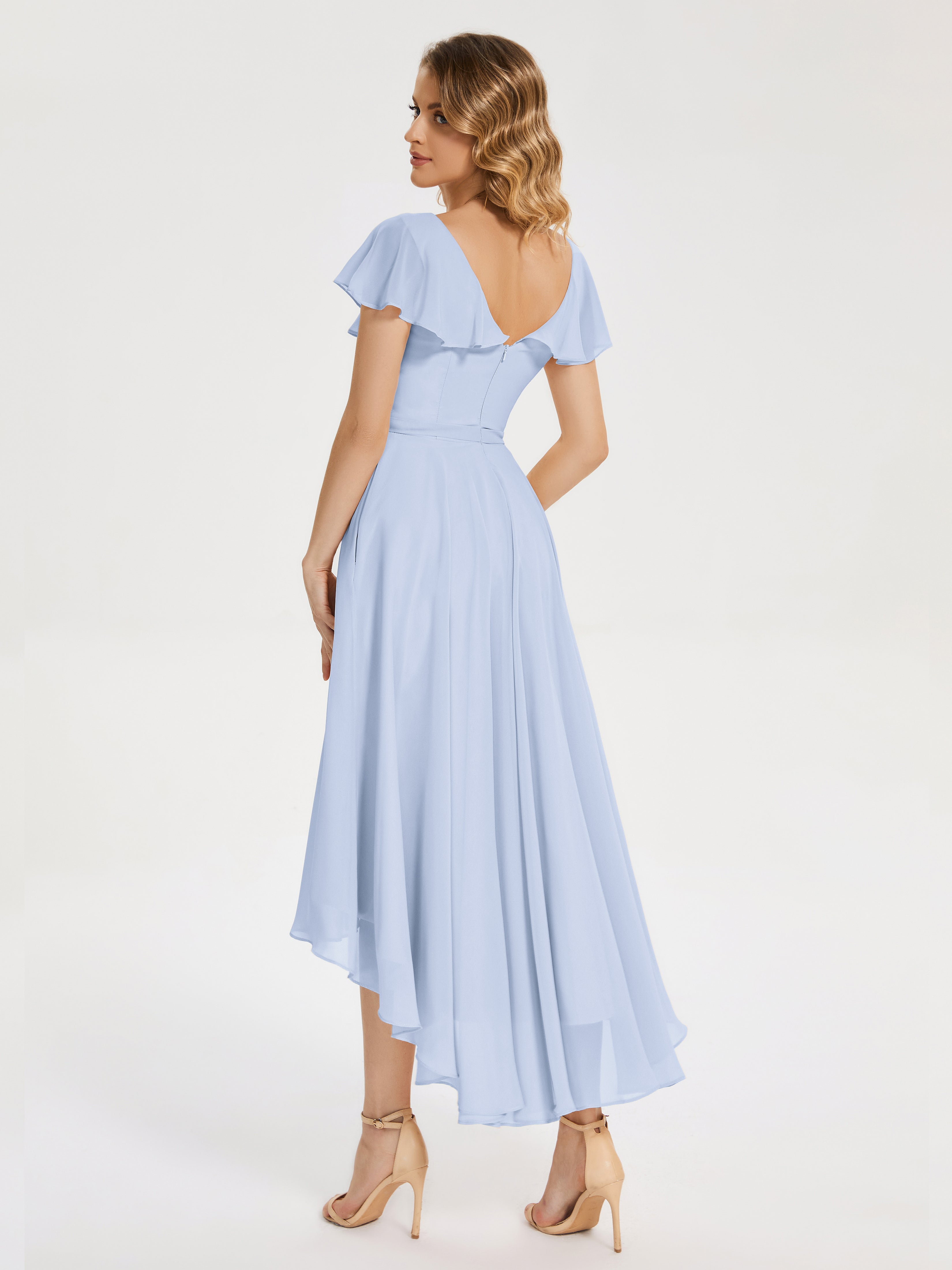 Robe Demoiselle D Honneur Bleue Ciel Col V Asymétrique Robes Demoiselle D'Honneur À Volants