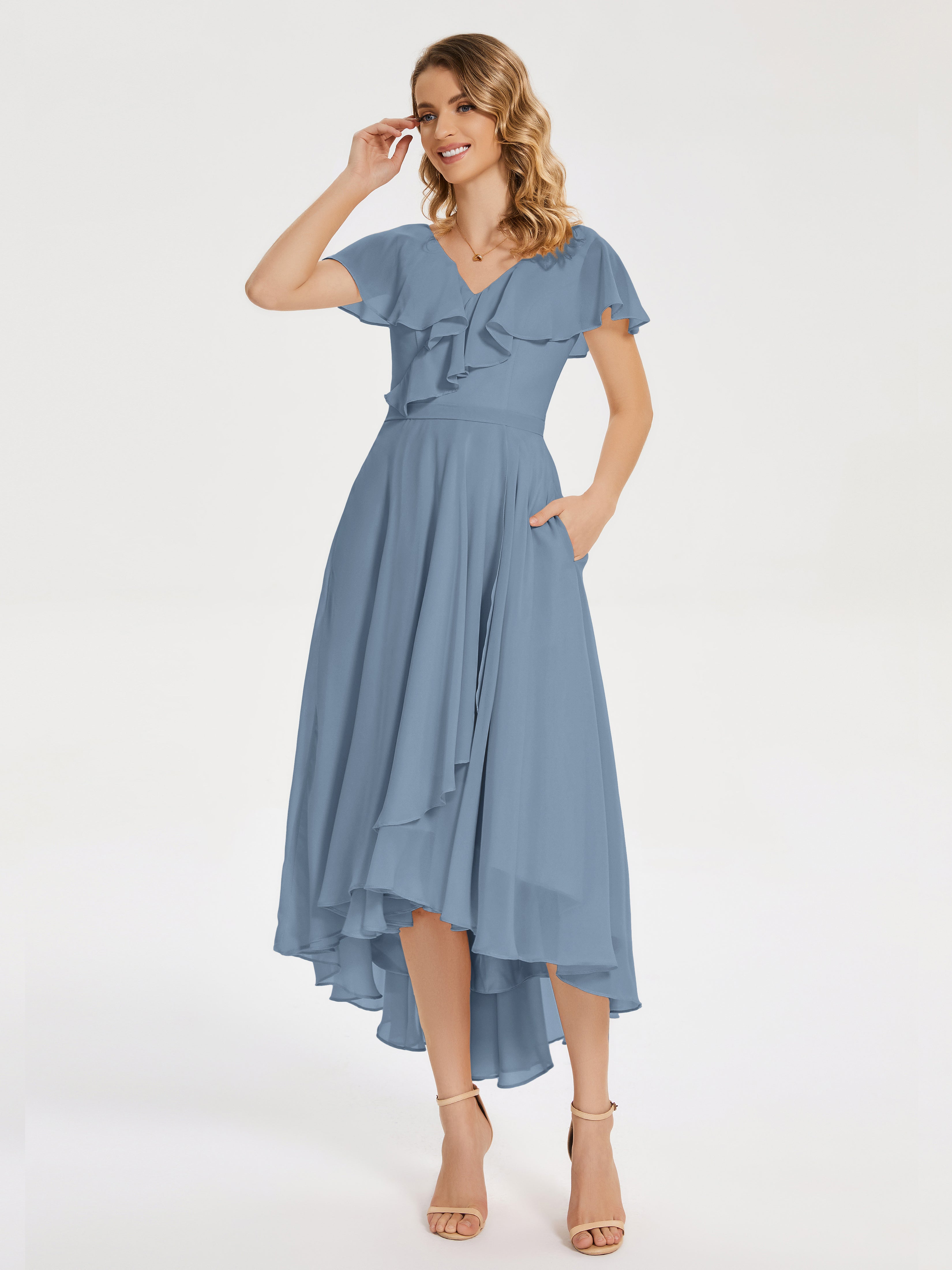 Robes De Demoiselle D'Honneur Bleu De Schiste Col V Asymétrique Robes Demoiselle D'Honneur À Volants