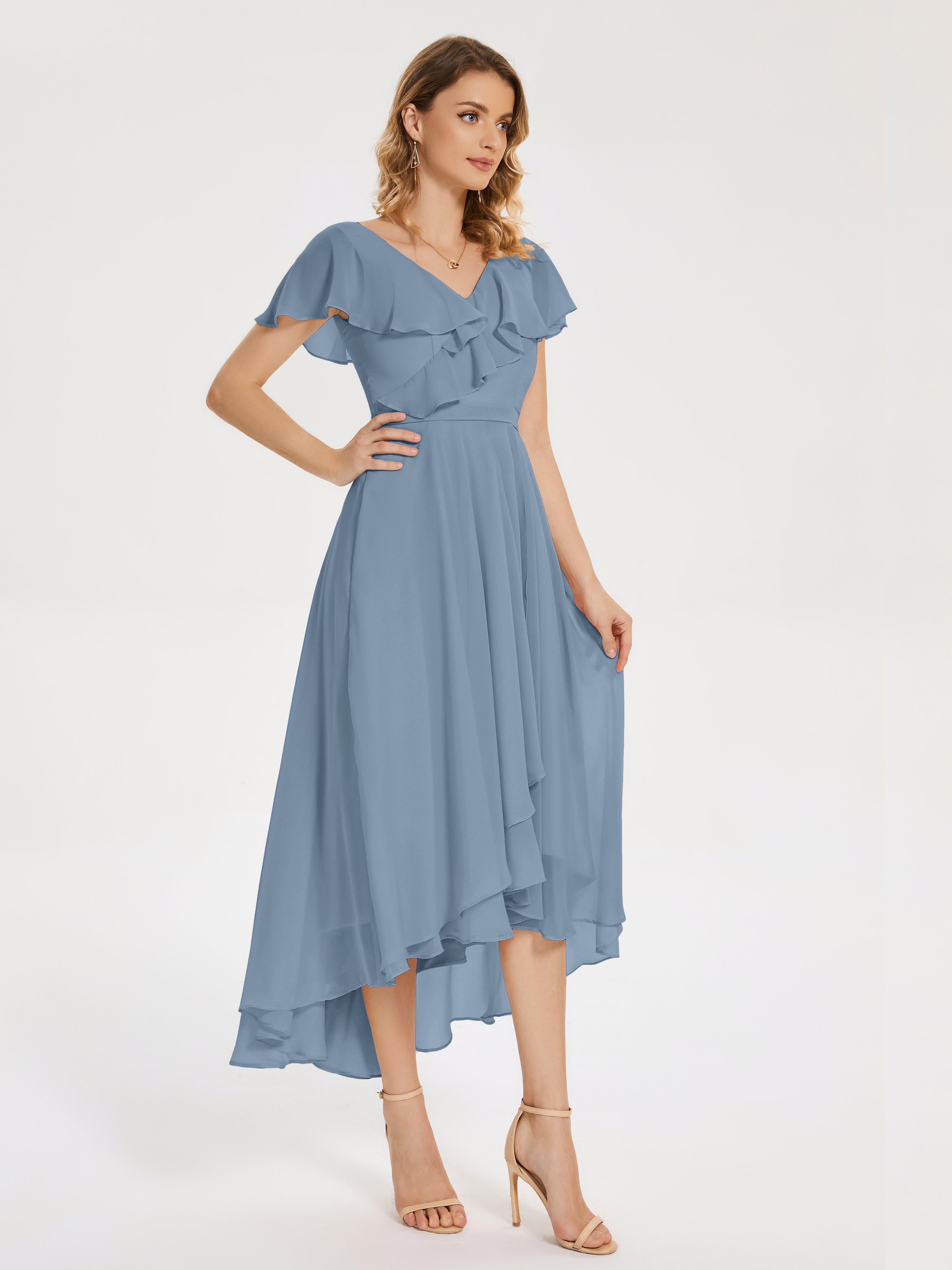 Robes De Demoiselle D'Honneur Bleu De Schiste Col V Asymétrique Robes Demoiselle D'Honneur À Volants