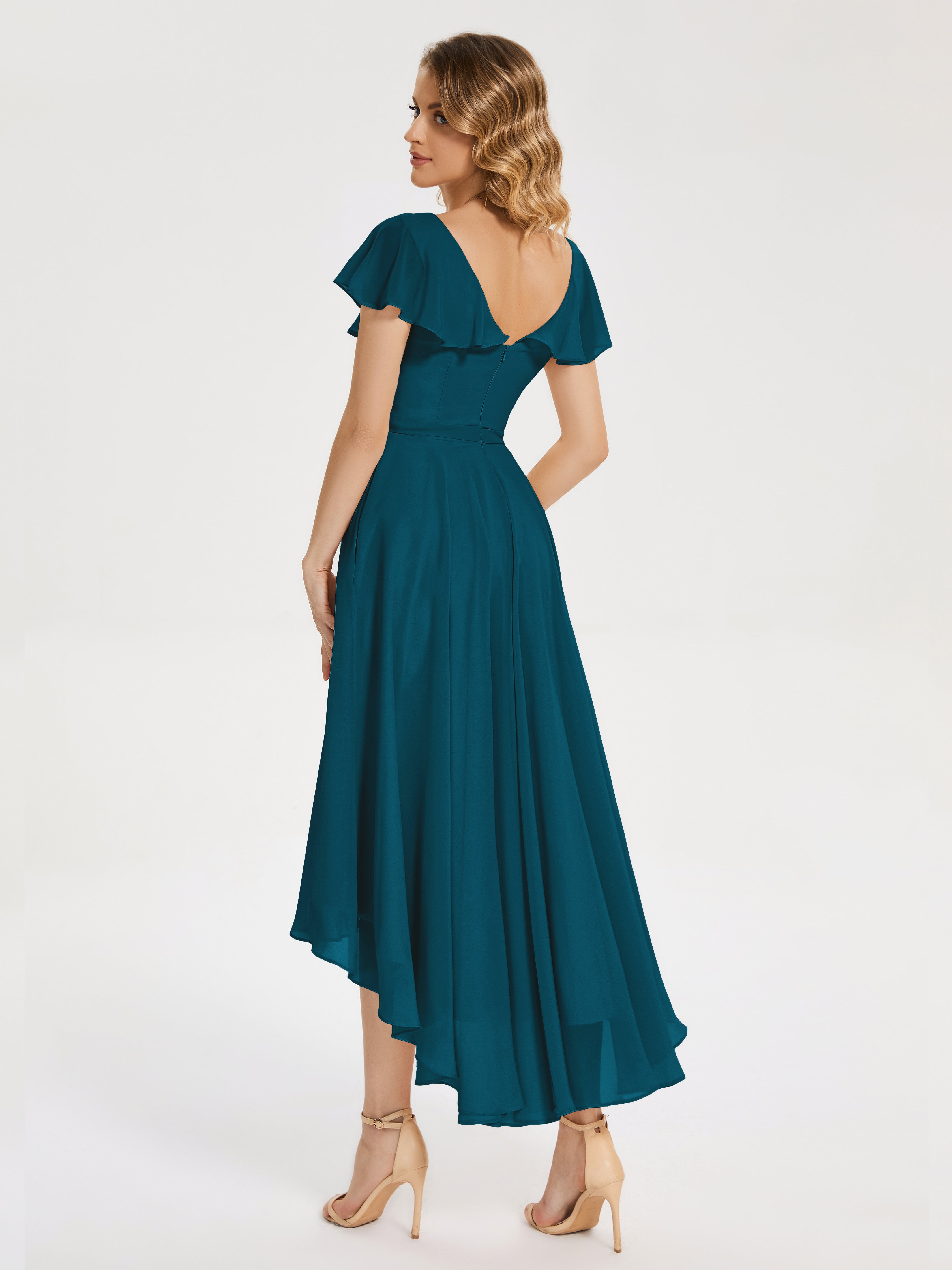 Robes De Demoiselle D'Honneur Bleu Encre Col V Asymétrique Robes Demoiselle D'Honneur À Volants