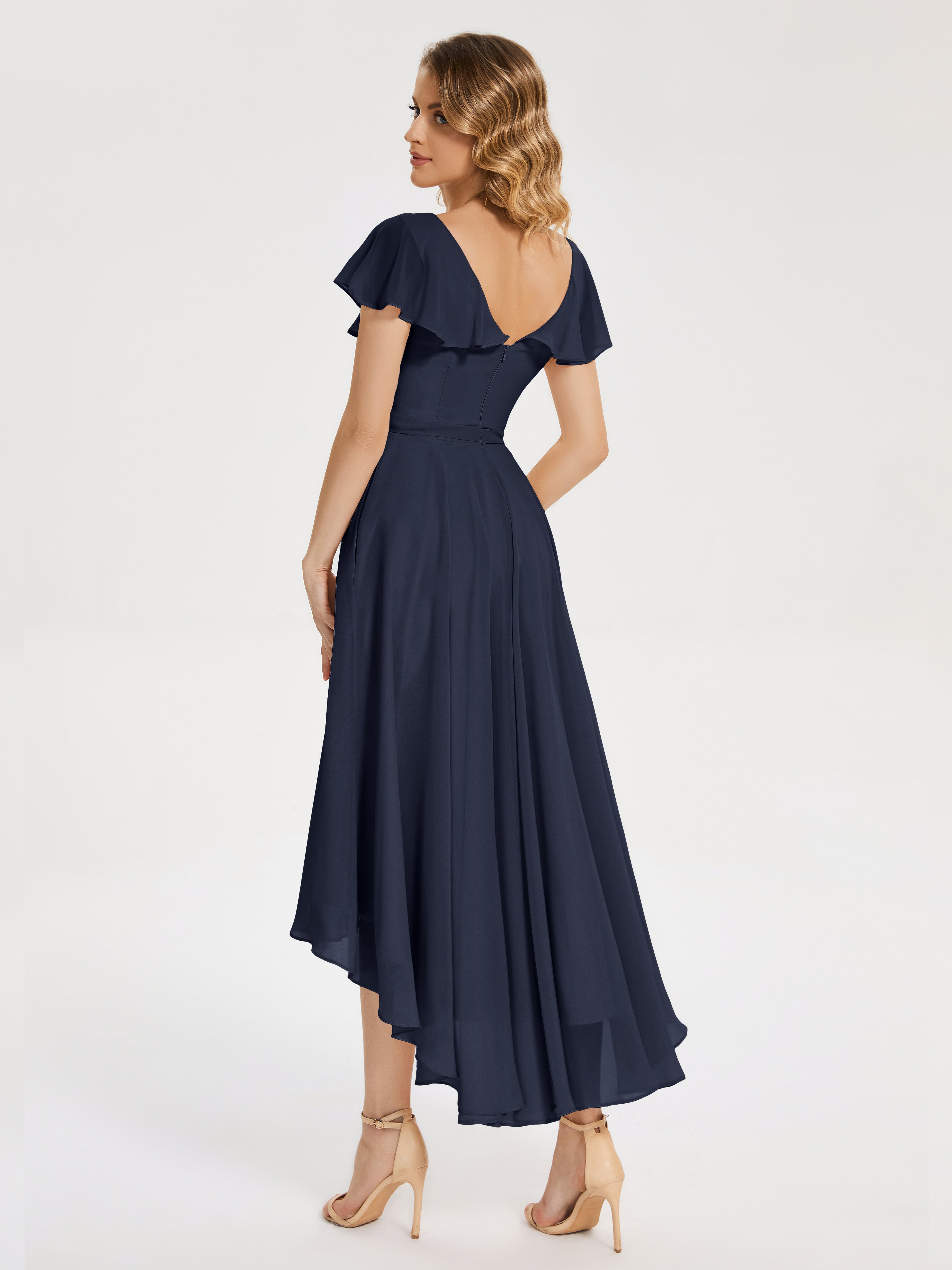 Longues Robes De Demoiselle D'Honneur Bleu Marine Col V Asymétrique Robes Demoiselle D'Honneur À Volants
