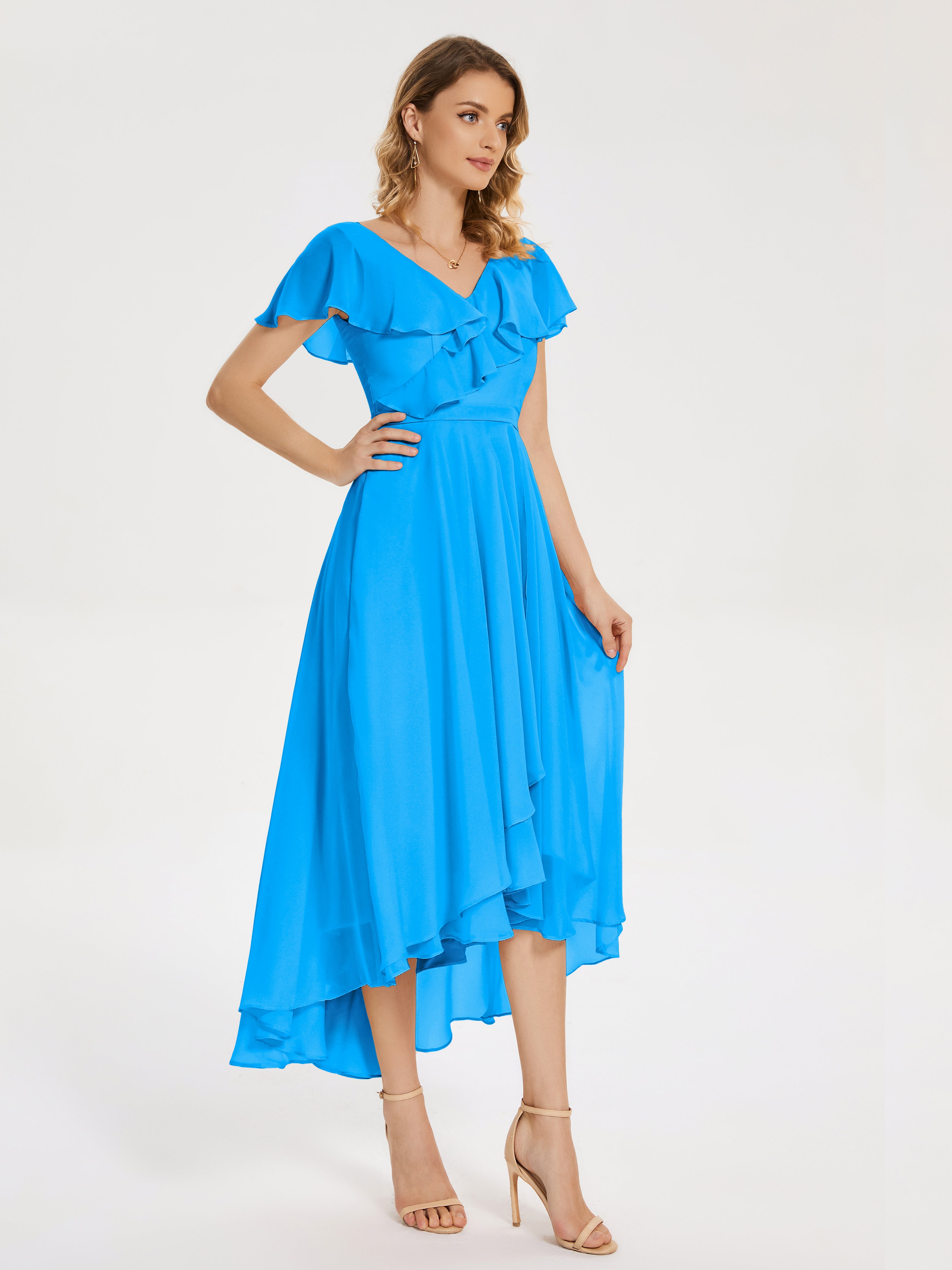 Robes De Demoiselle D'Honneur Bleu Océan Col V Asymétrique Robes Demoiselle D'Honneur À Volants